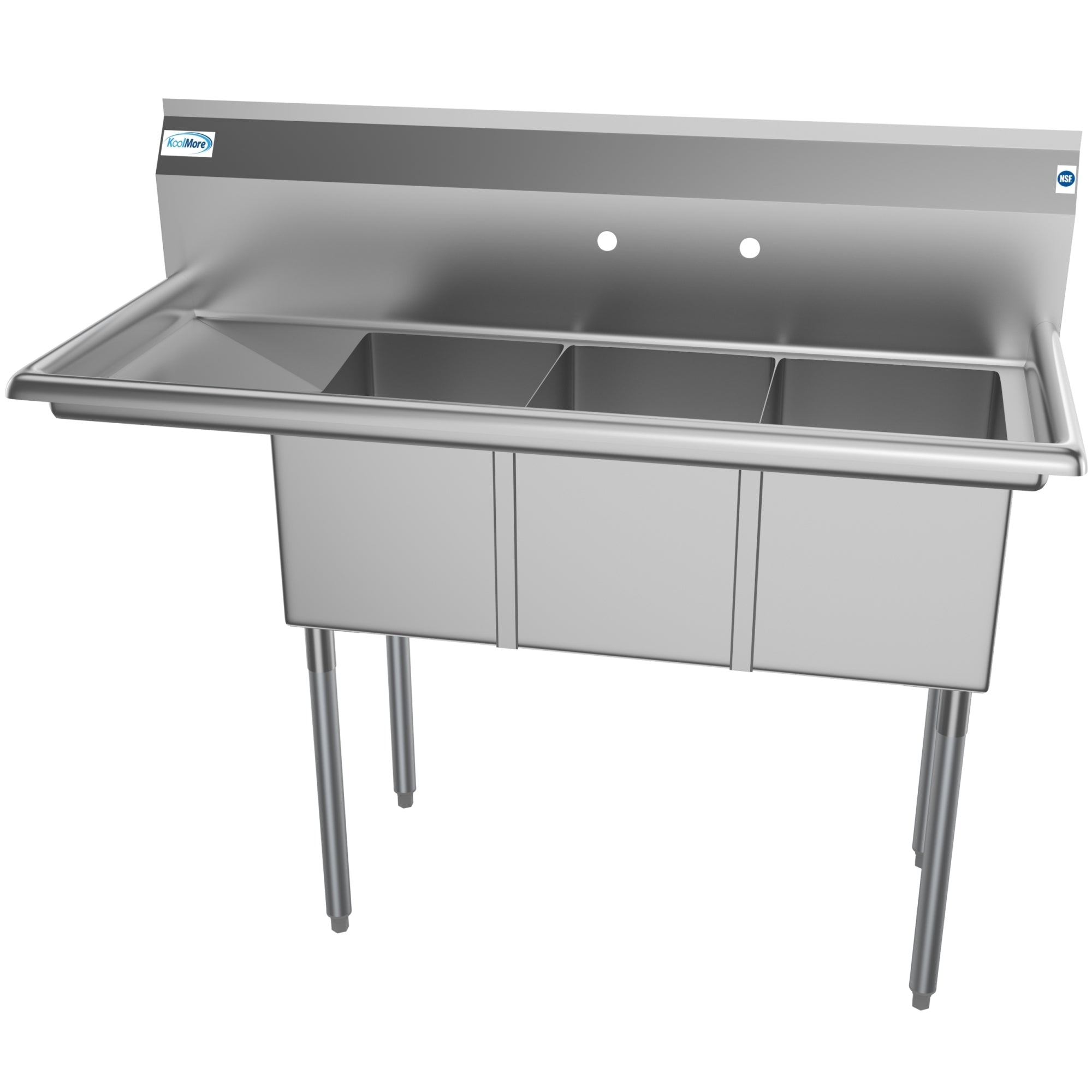 51 in. Three Compartment Stainless Steel Commercial Sink with Drainboard, Bowl Size 12"x 16"x 10"