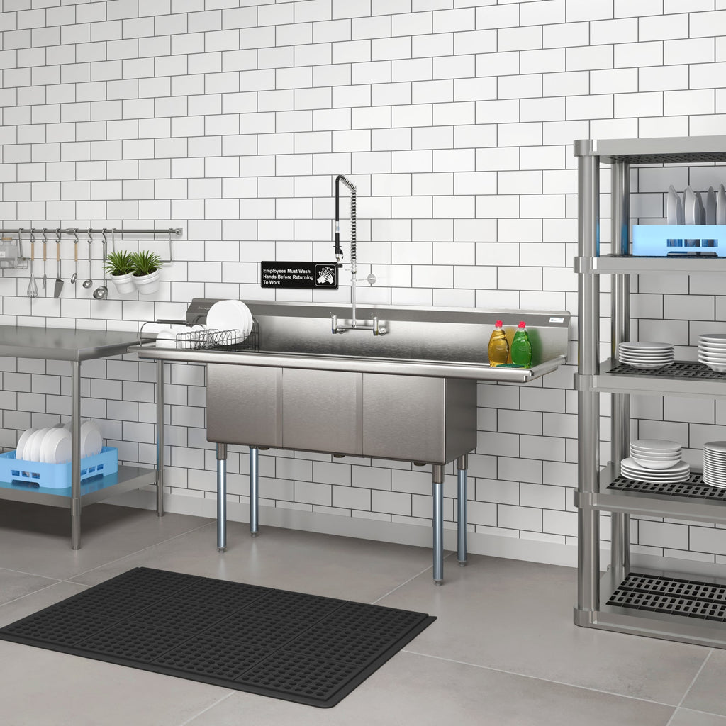 75 in Three Compartment Commercial Sink, Bowl Size 15x15x14, 18 Gauge Stainless-Steel with 2 Drainboards