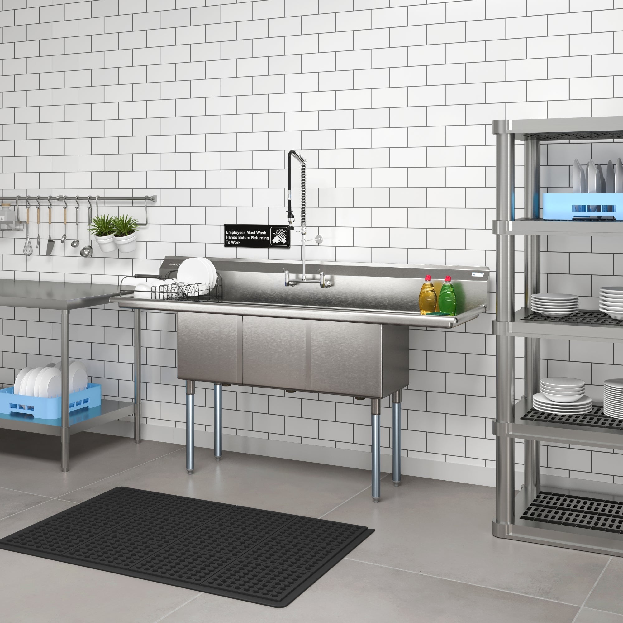 75 in Three Compartment Commercial Sink, Bowl Size 15x15x14, 18 Gauge Stainless-Steel with 2 Drainboards