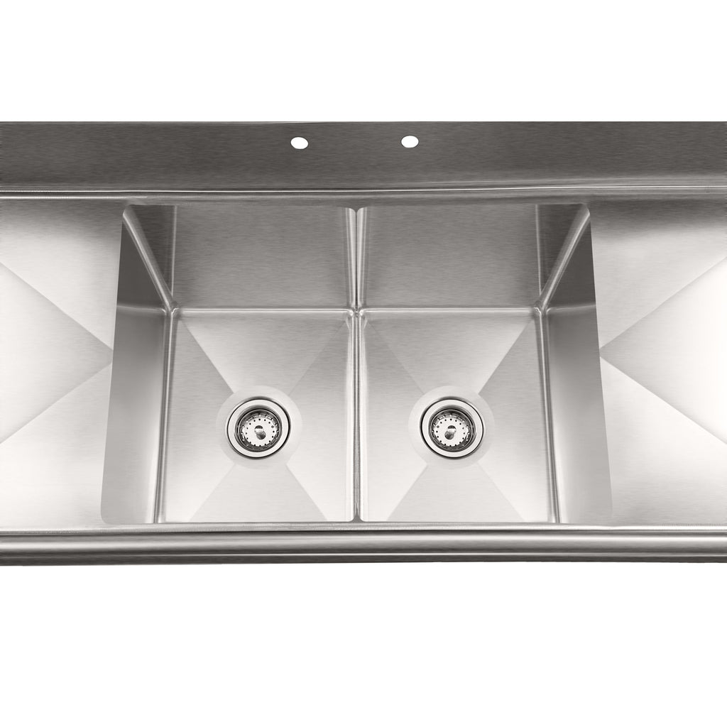 84 in. 18-Gauge 2-Compartment Commercial Sink with Backsplash and 24 in. Dual Drainboards, Bowl dimensions 18"x24"x14" in Stainless-Steel