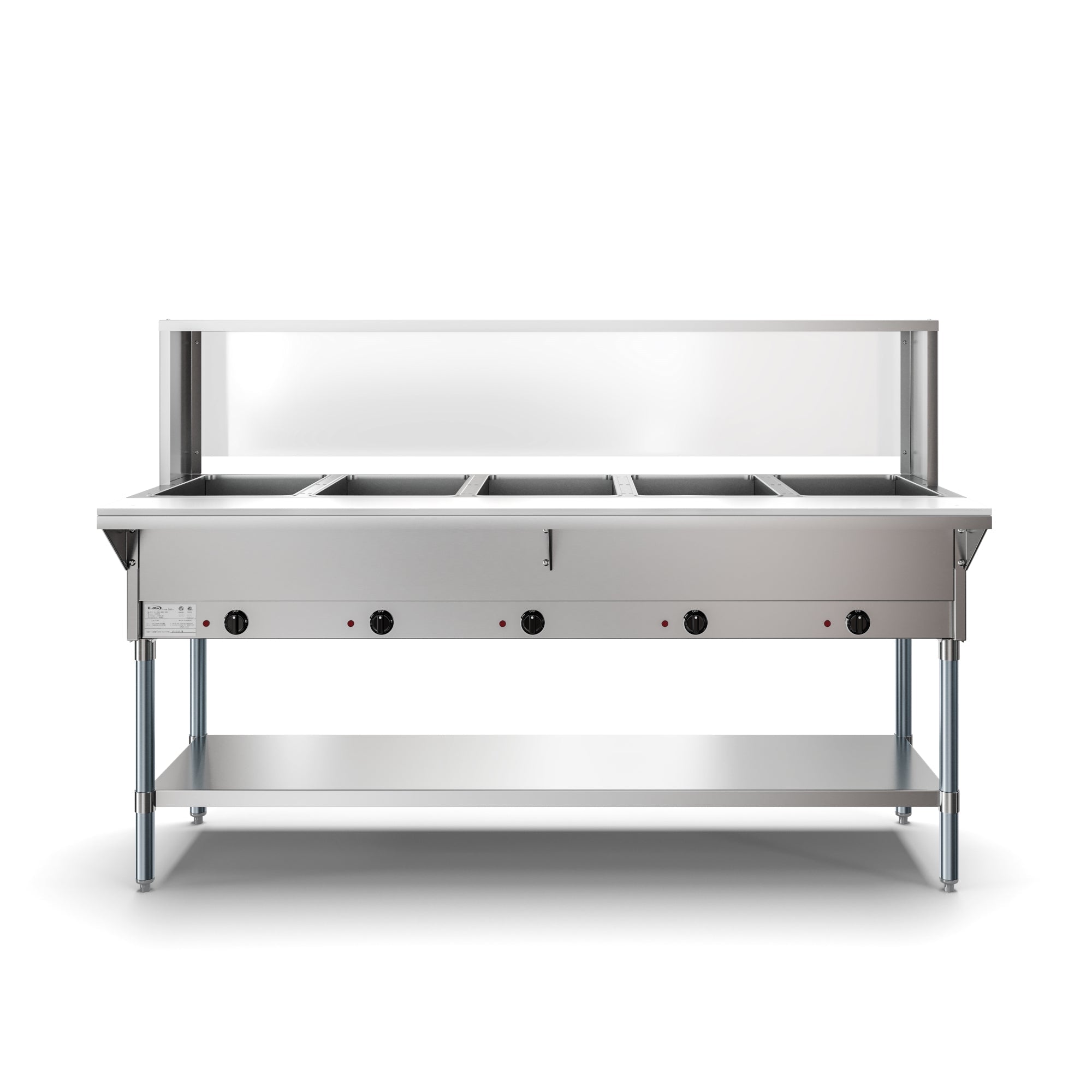 Five Pan Open Well Electric Steam Table with Undershelf and Sneeze-Guard, 240V