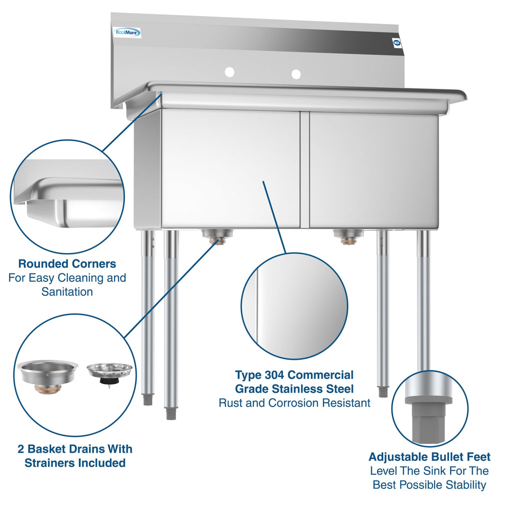 36 in. Two Compartment Stainless Steel Commercial Sink, Bowl Size 15"x 15"x 12"