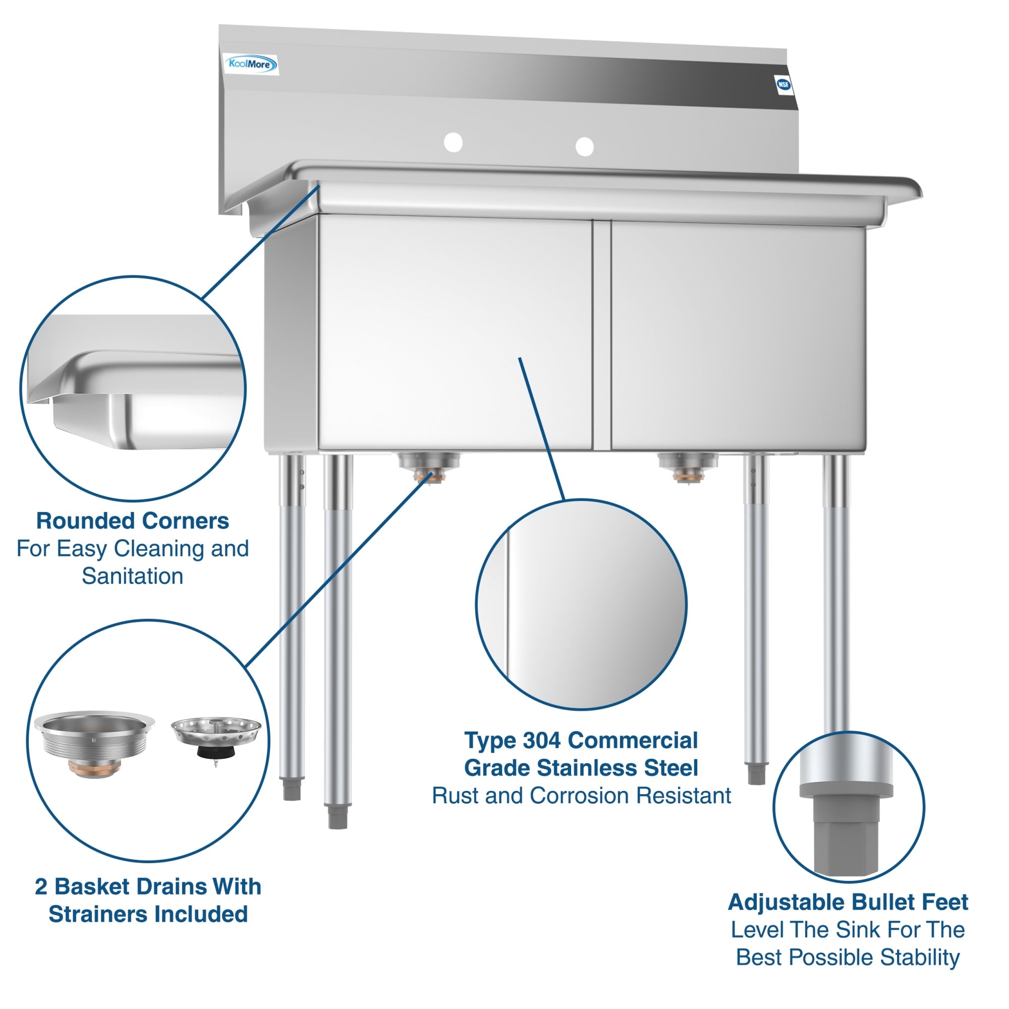 36 in. Two Compartment Stainless Steel Commercial Sink, Bowl Size 15"x 15"x 12"