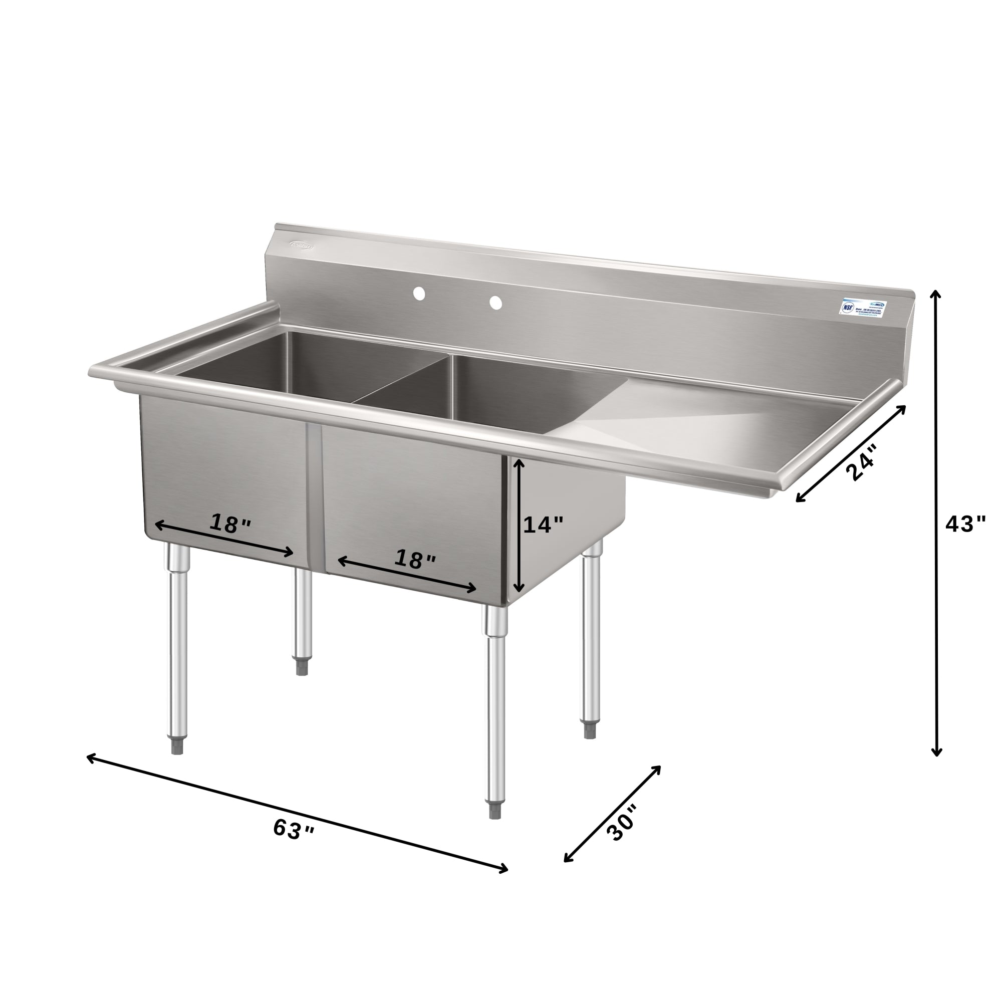 63 in. 18-Gauge 2-Compartment Commercial Sink with Backsplash and 24 in. Right Drainboard, Bowl dimensions 18"x24"x14" in Stainless-Steel