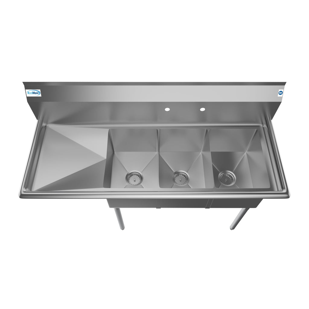 55 in. Three Compartment Stainless Steel Commercial Sink with Drainboard, Bowl Size 12"x 16"x 10"