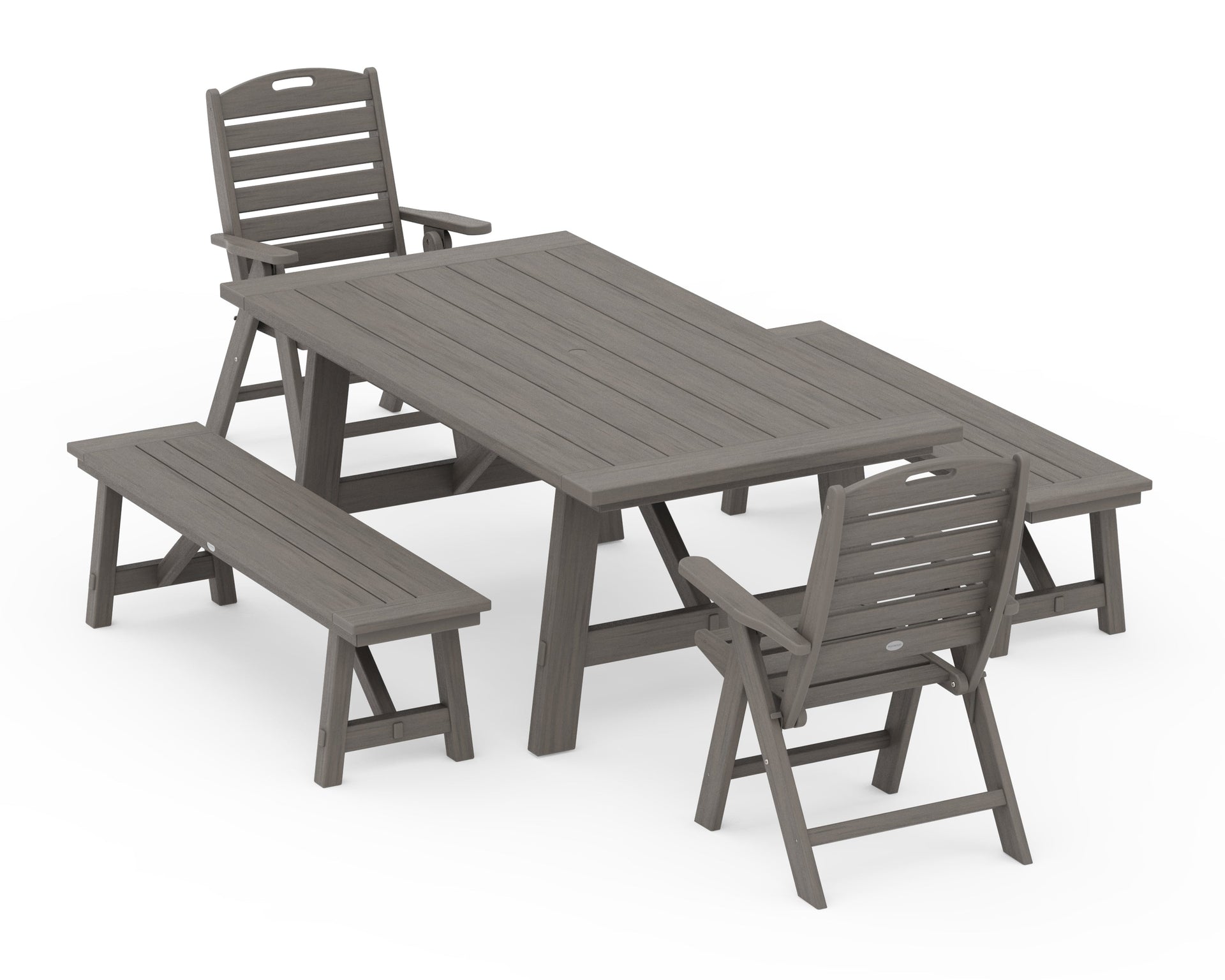 Nautical Folding Highback Chair 5-Piece Rustic Farmhouse Dining Set With Benches