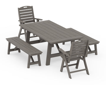 Nautical Folding Highback Chair 5-Piece Rustic Farmhouse Dining Set With Benches