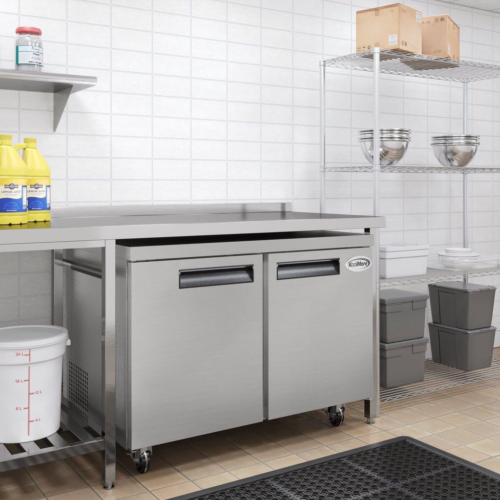 48 in. Two-Door Commercial Undercounter Freezer in Stainless Steel with Casters, ETL Listed