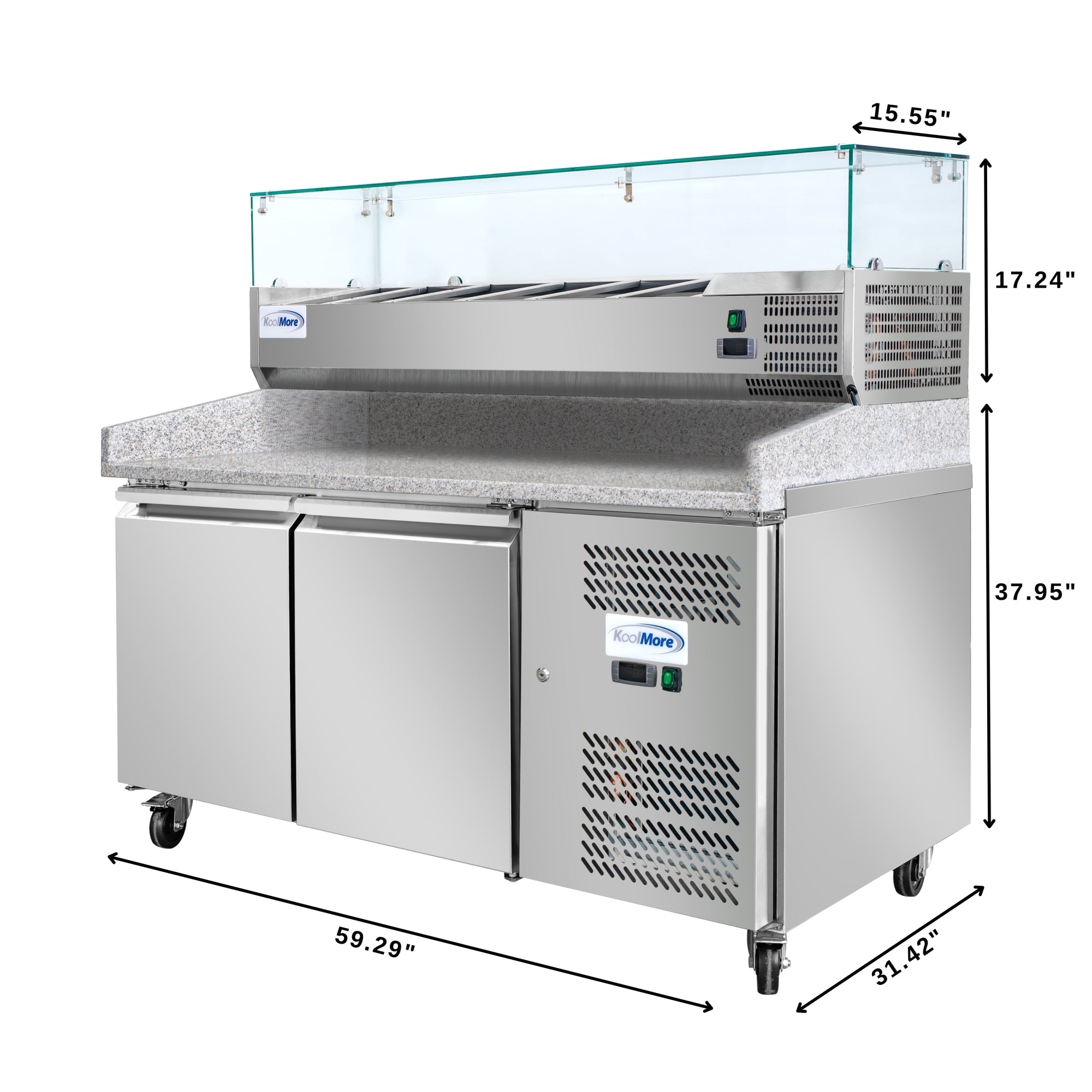 59 in. Commercial Refrigerated Granite Top Pizza Prep Station with Stainless Steel Refrigerated Condiment Pan Holder