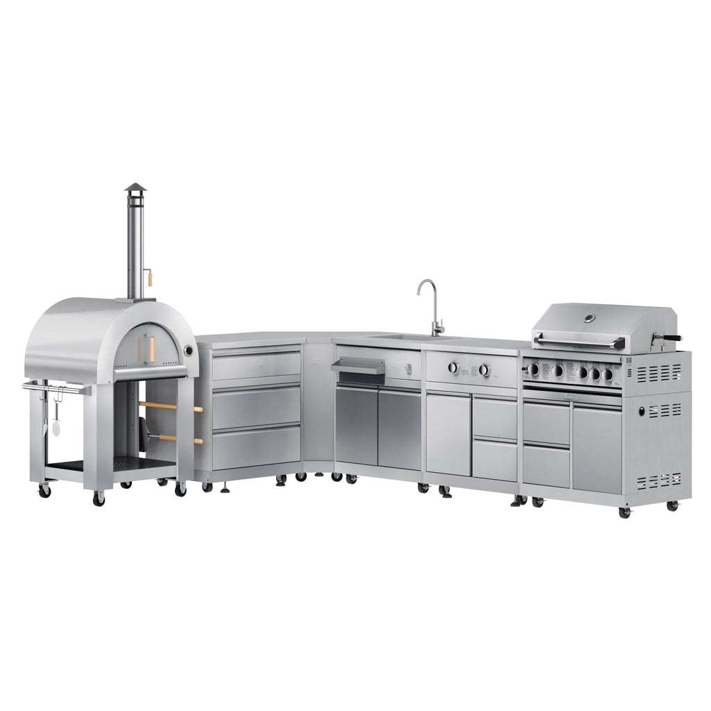 KoolMore Outdoor Kitchen Series Modular Kitchen with a Wood fire Pizza Oven, 3 Drawer Cabinet, Corner Cabinet, Sink, Side Buner, 30 in. BBQ Grill and Cabinet in Stainless-Steel