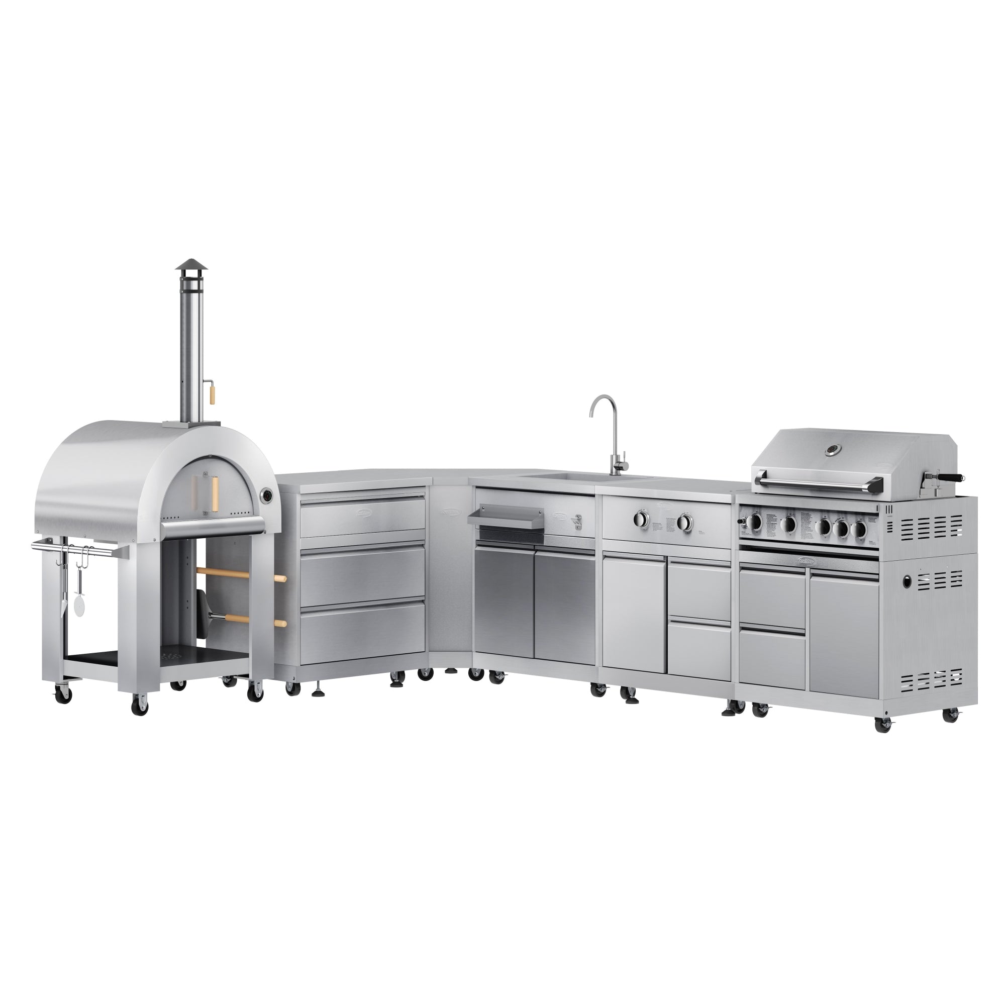 KoolMore Outdoor Kitchen Series Modular Kitchen with a Wood fire Pizza Oven, 3 Drawer Cabinet, Corner Cabinet, Sink, Side Buner, 30 in. BBQ Grill and Cabinet in Stainless-Steel