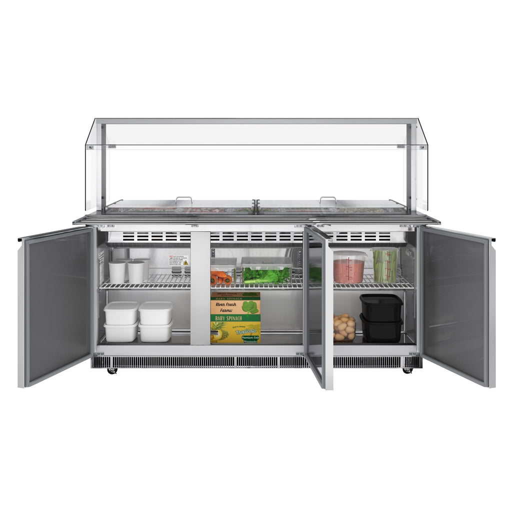 72 in. Commercial Refrigerated Prep Station with Sneeze Guard and Buffet Slide, 15-Pan (Not Included) Capacity and Three Adjustable Shelves in Stainless-Steel, ETL Listed