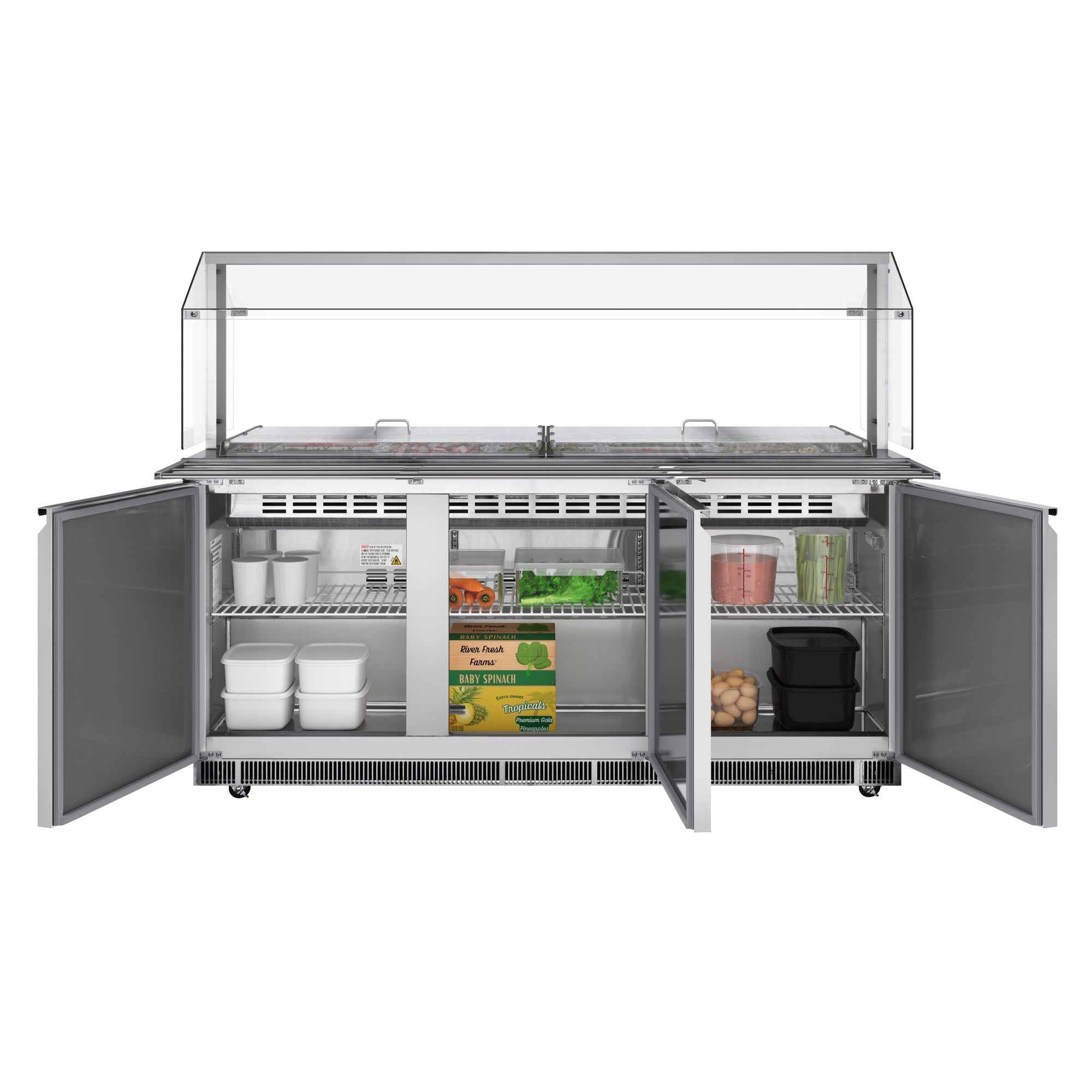 72 in. Commercial Refrigerated Prep Station with Sneeze Guard and Buffet Slide, 15-Pan (Not Included) Capacity and Three Adjustable Shelves in Stainless-Steel, ETL Listed