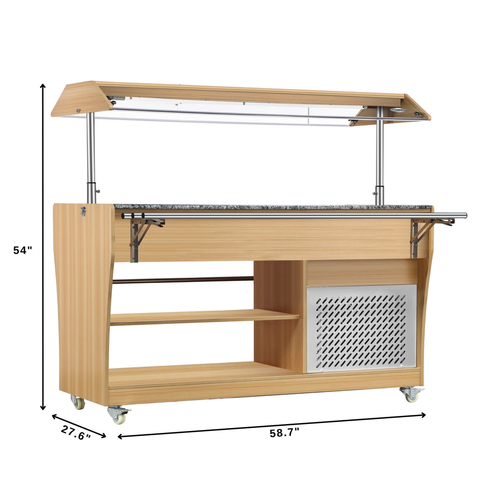 59 in. Commercial Refrigerated Buffet Table with Capacity for 4 Full-Size GN Pans, Featuring Adjustable Cover, a Serving Rail and 4 Lockable Casters in Wooden Finish