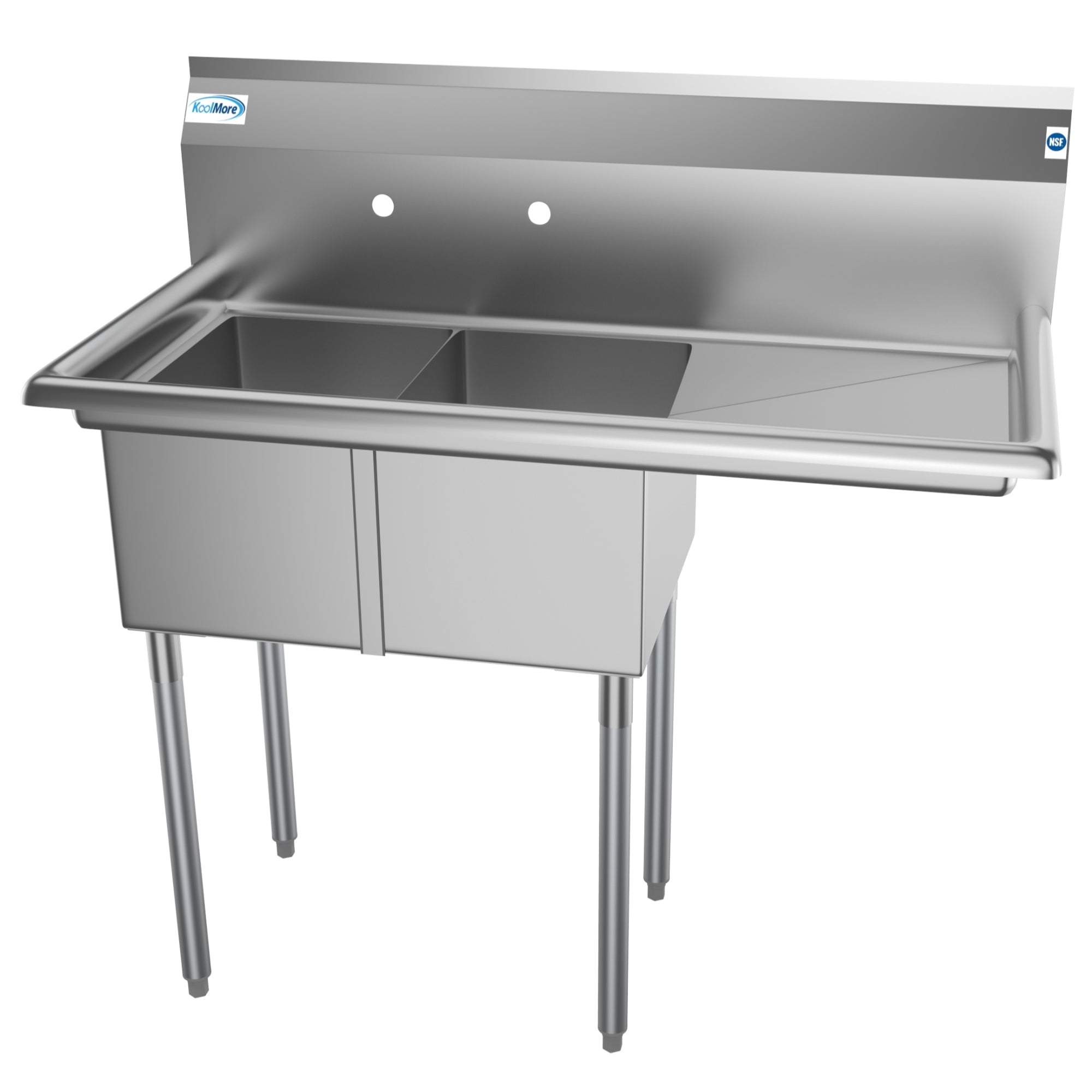 43 in. Two Compartment Stainless Steel Commercial Sink with Drainboard, Bowl Size 12"x 16"x 10"