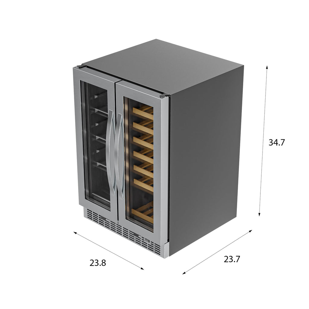 24 in. Dual Zone, Full Glass Door, 21-Bottle/60-Can Wine and Beverage Cooler, Freestanding or Built-in Unit, 4 cu ft.