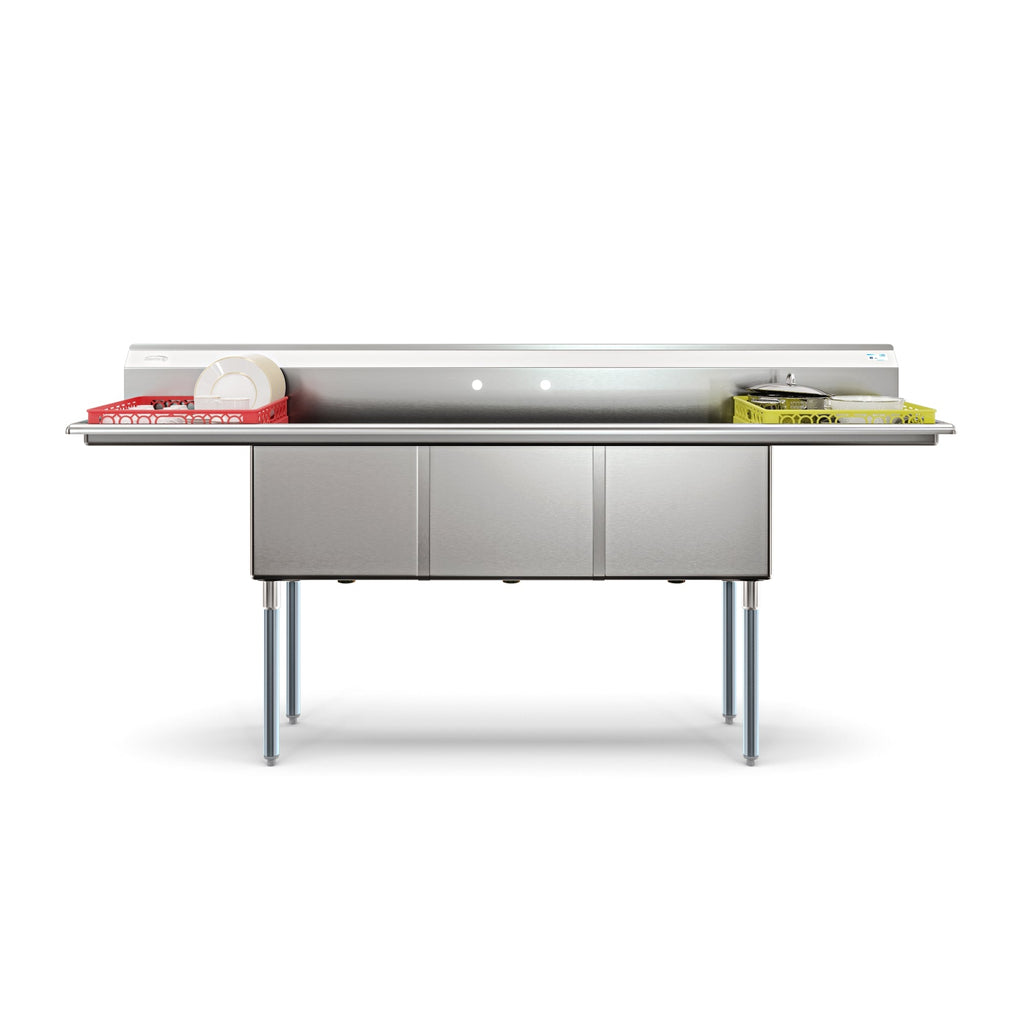 90 in. Three Compartment Commercial Sink Bowl Size 18x18x14 18-Gauge Stainless-Steel with 2 Drainboards