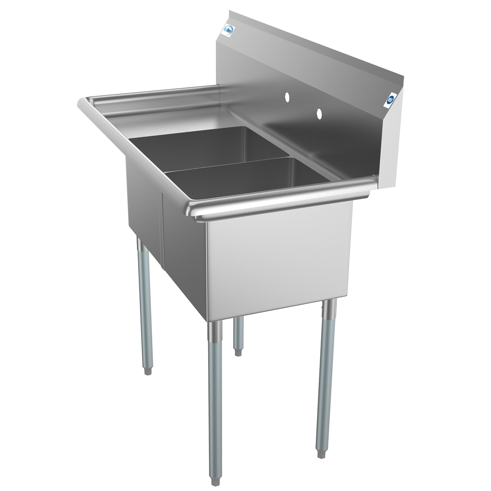 43 in. Two Compartment Stainless Steel Commercial Sink with Drainboard, Bowl Size 14"x 16"x 11"