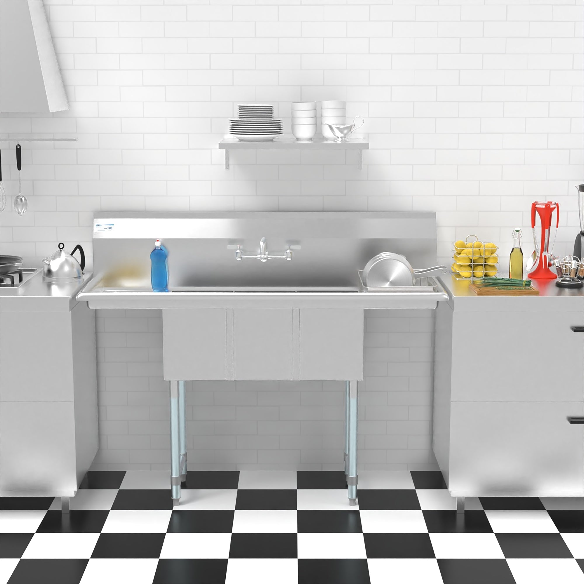 54 in. Three Compartment Stainless Steel Commercial Sink with Faucet and Drainboards, Bowl Size 10"x 10"x 14" SC101410-12B3FA .