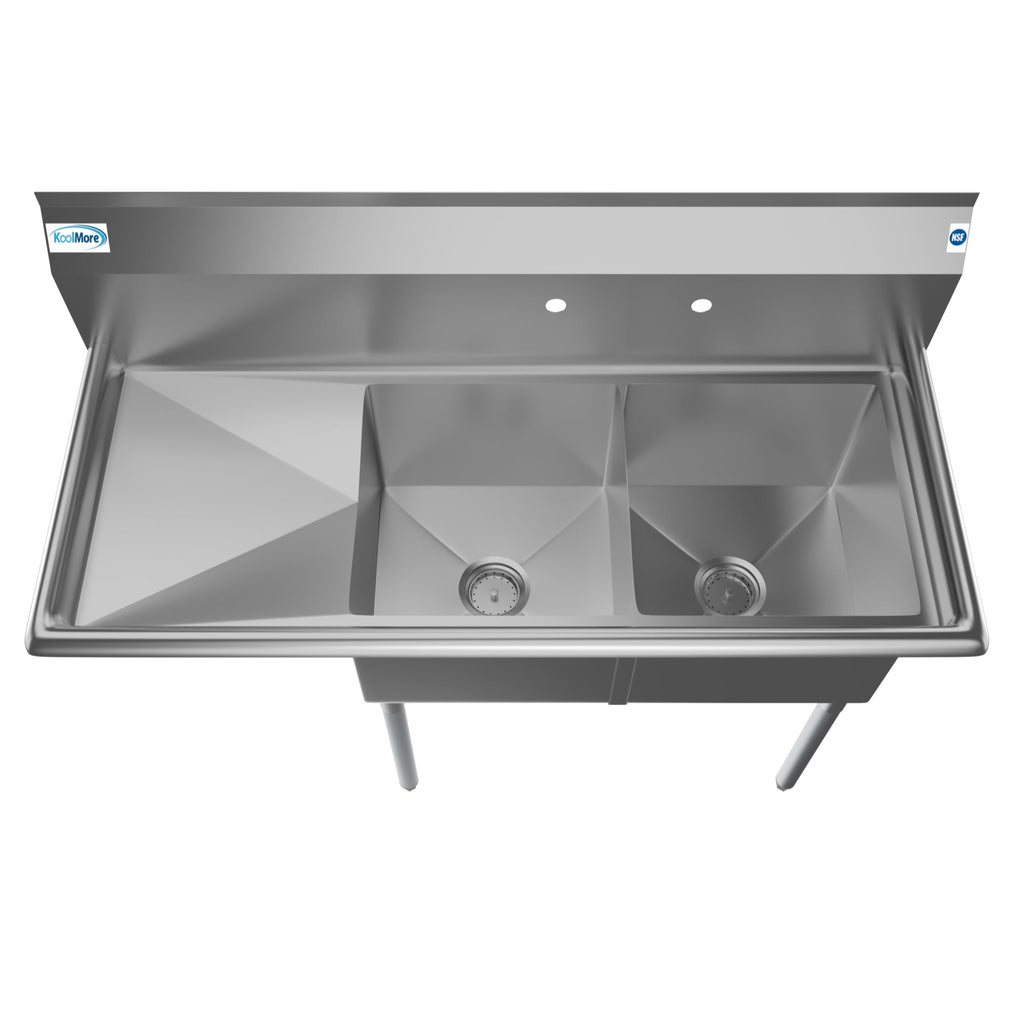 48 in. Two Compartment Stainless Steel Commercial Sink with 2 Drainboards, Bowl Size 15"x 15"x 12"