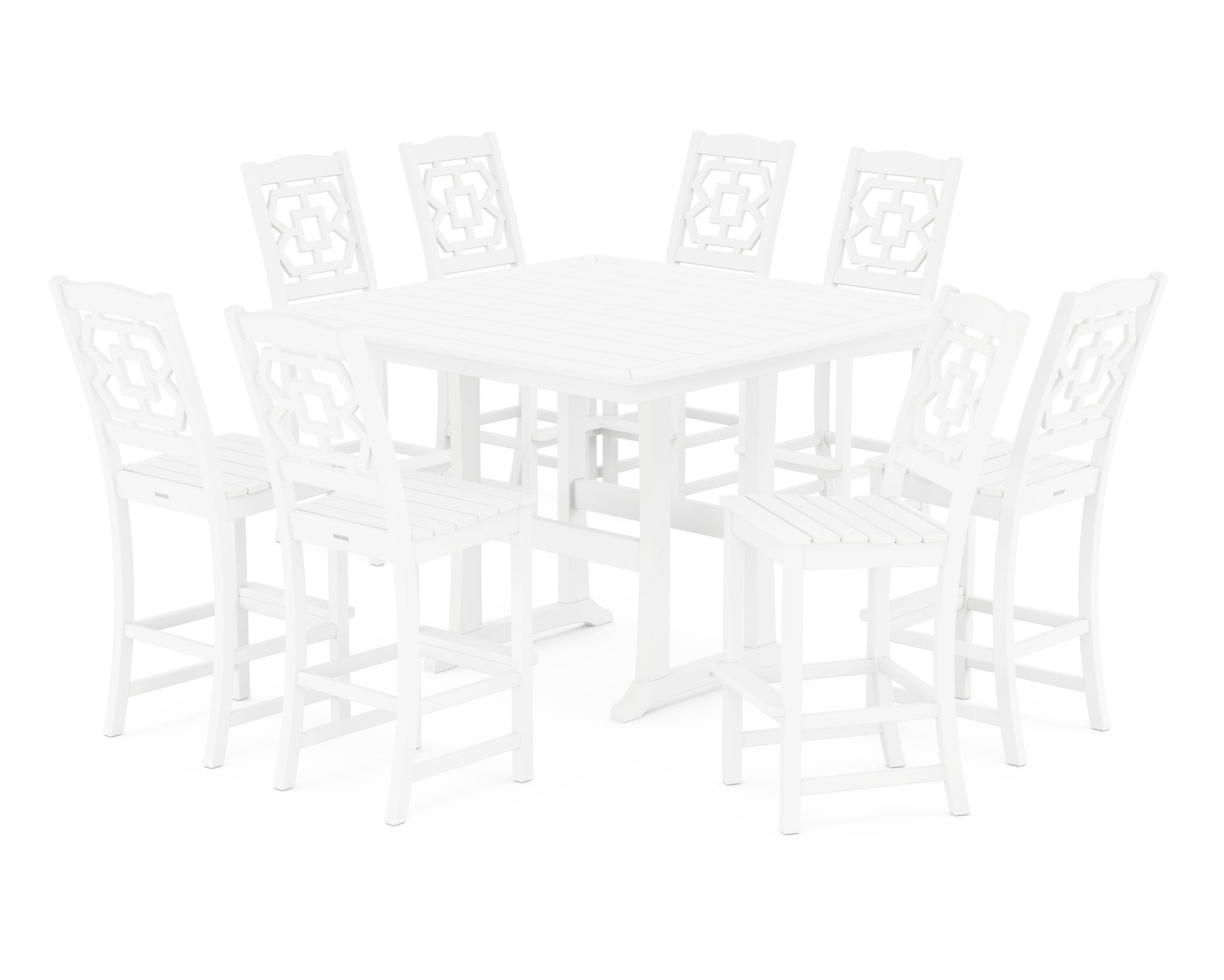 Chinoiserie 9-Piece Square Side Chair Bar Set with Trestle Legs