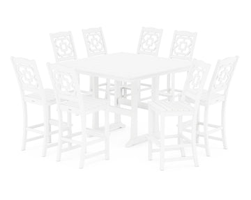 Chinoiserie 9-Piece Square Side Chair Bar Set with Trestle Legs