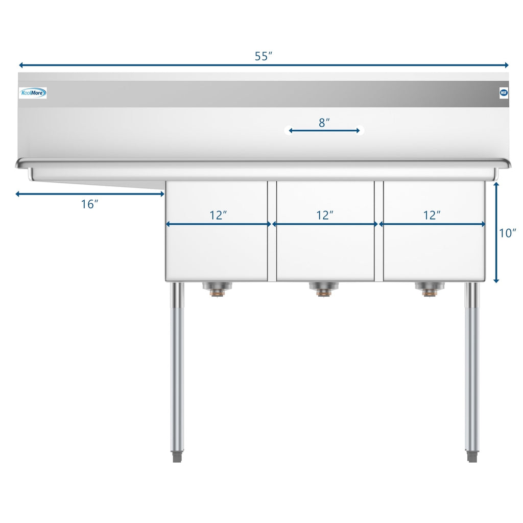 55 in. Three Compartment Stainless Steel Commercial Sink with Drainboard, Bowl Size 12"x 16"x 10"