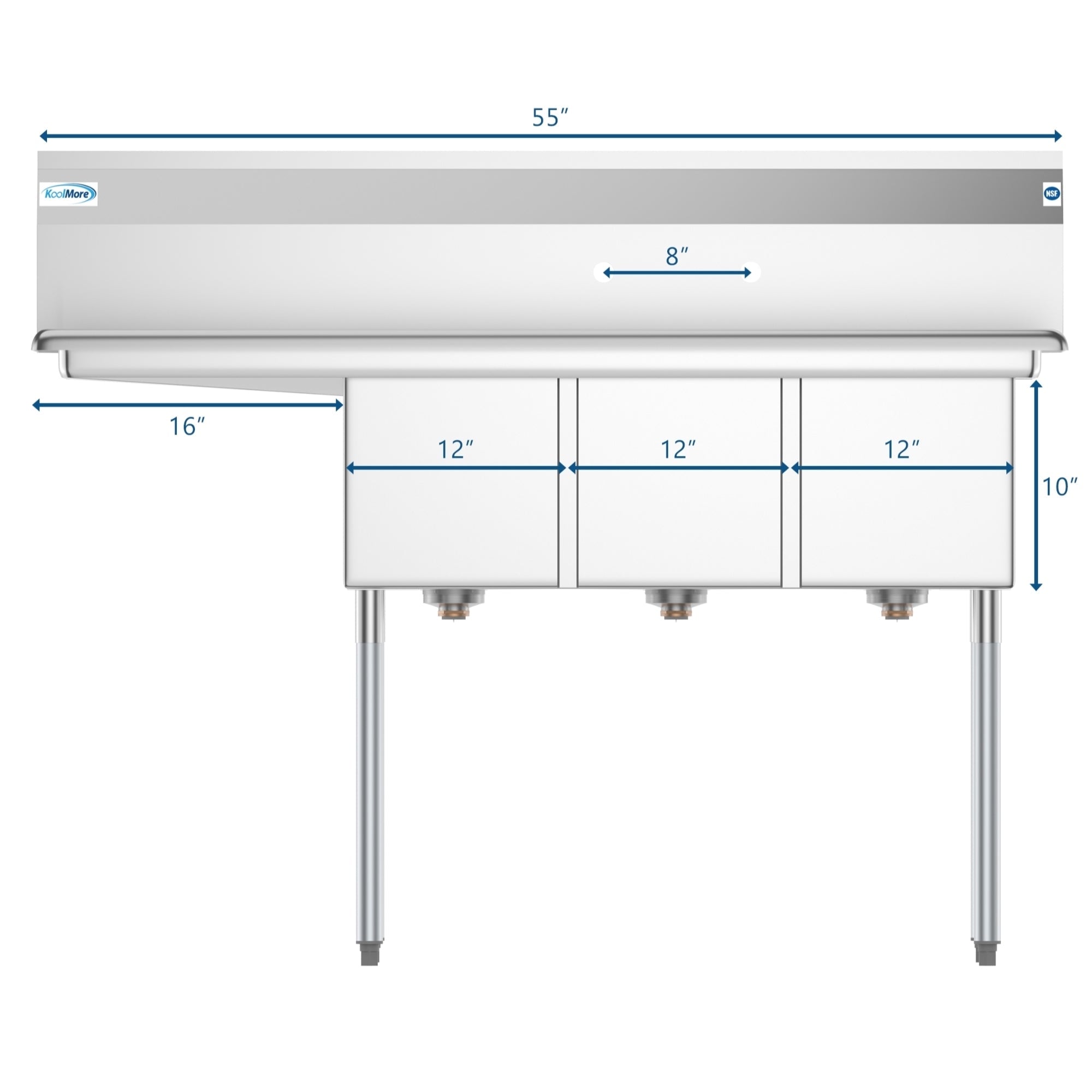 55 in. Three Compartment Stainless Steel Commercial Sink with Drainboard, Bowl Size 12"x 16"x 10"