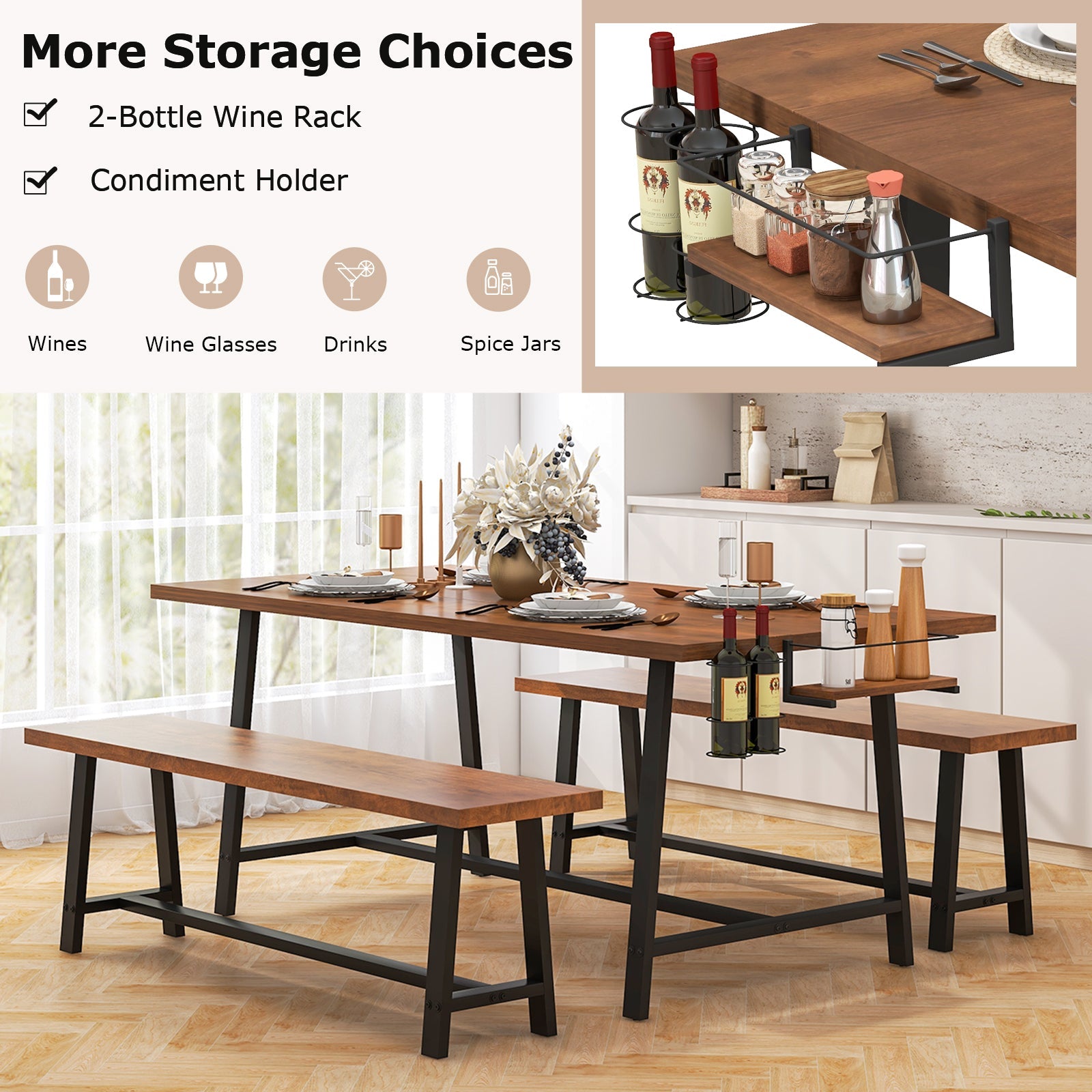 Costway 3-Piece Dining Table Set for 5-7 w/ 2-Bottle Wine Rack & Condiment Holder 47328561 New