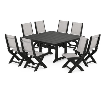 Coastal Folding Side Chair 9-Piece Farmhouse Dining Set