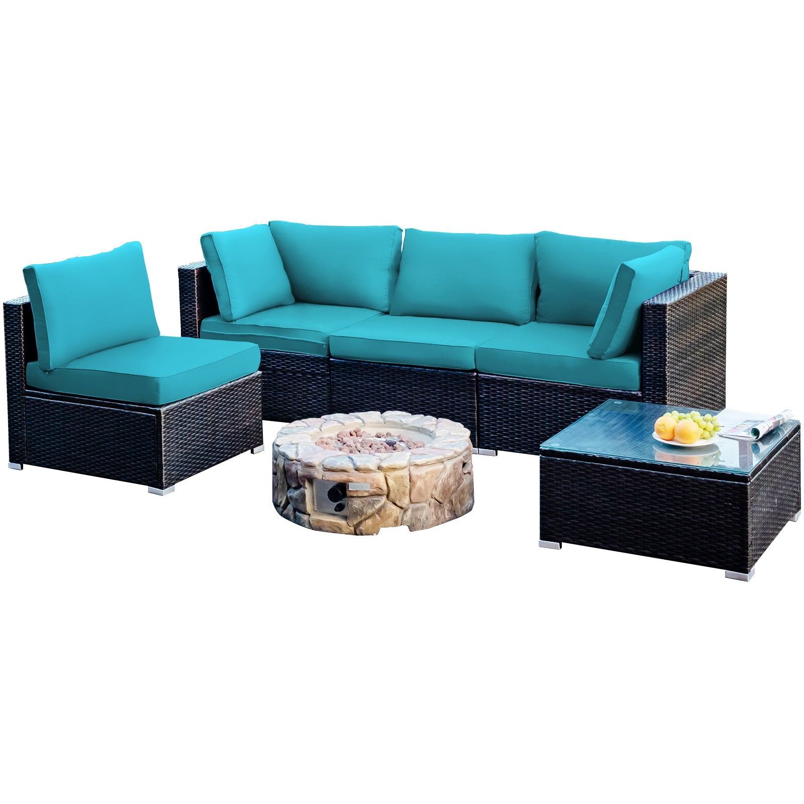 Costway 5-Piece Cushioned Patio Rattan Sofa Set with Glass Table Turquoise 80457192 New
