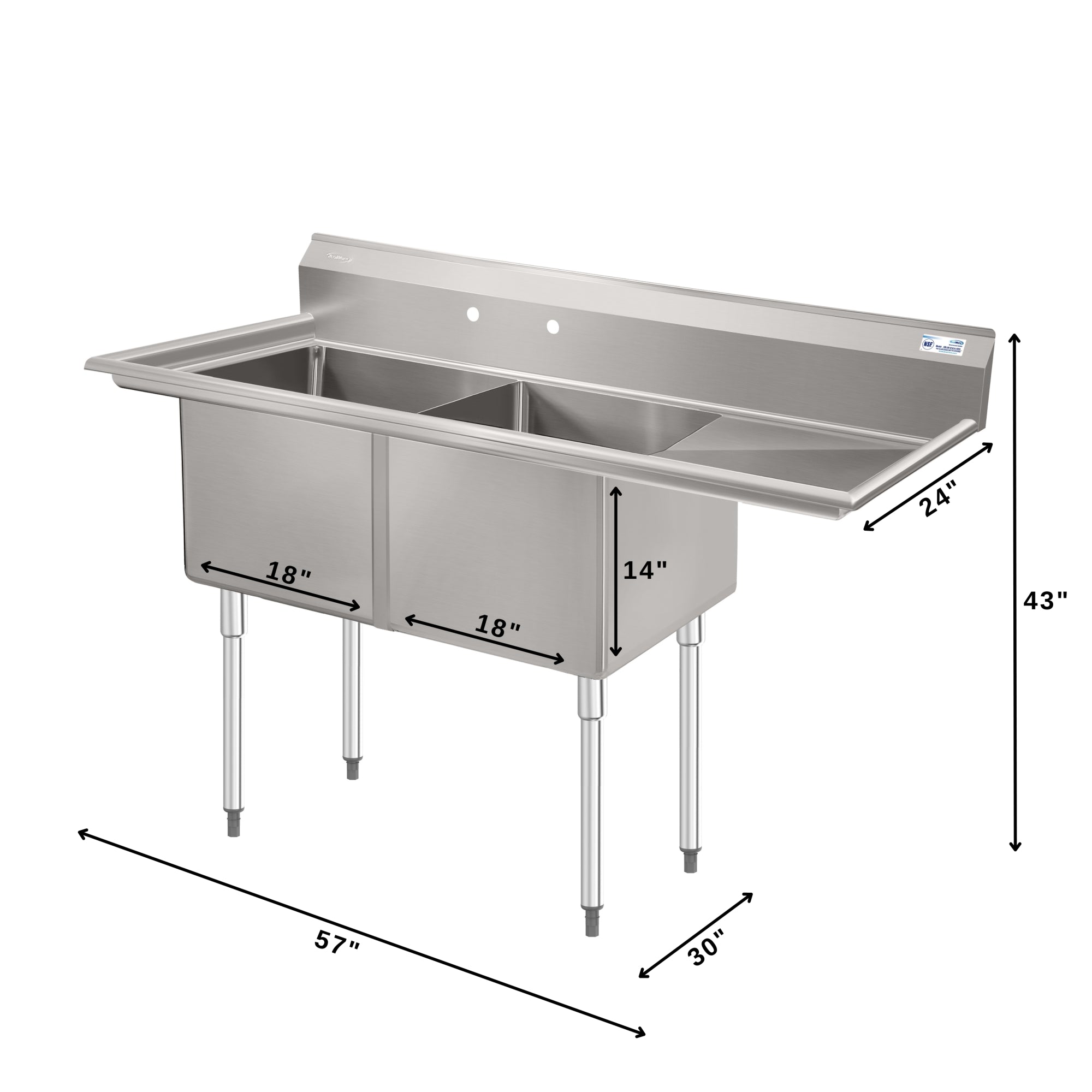 57 in. 16-Gauge 2-Compartment Commercial Sink with 18 in. Right drainboard, Bowl Dimensions 18"x18"x14" in Stainless-Steel
