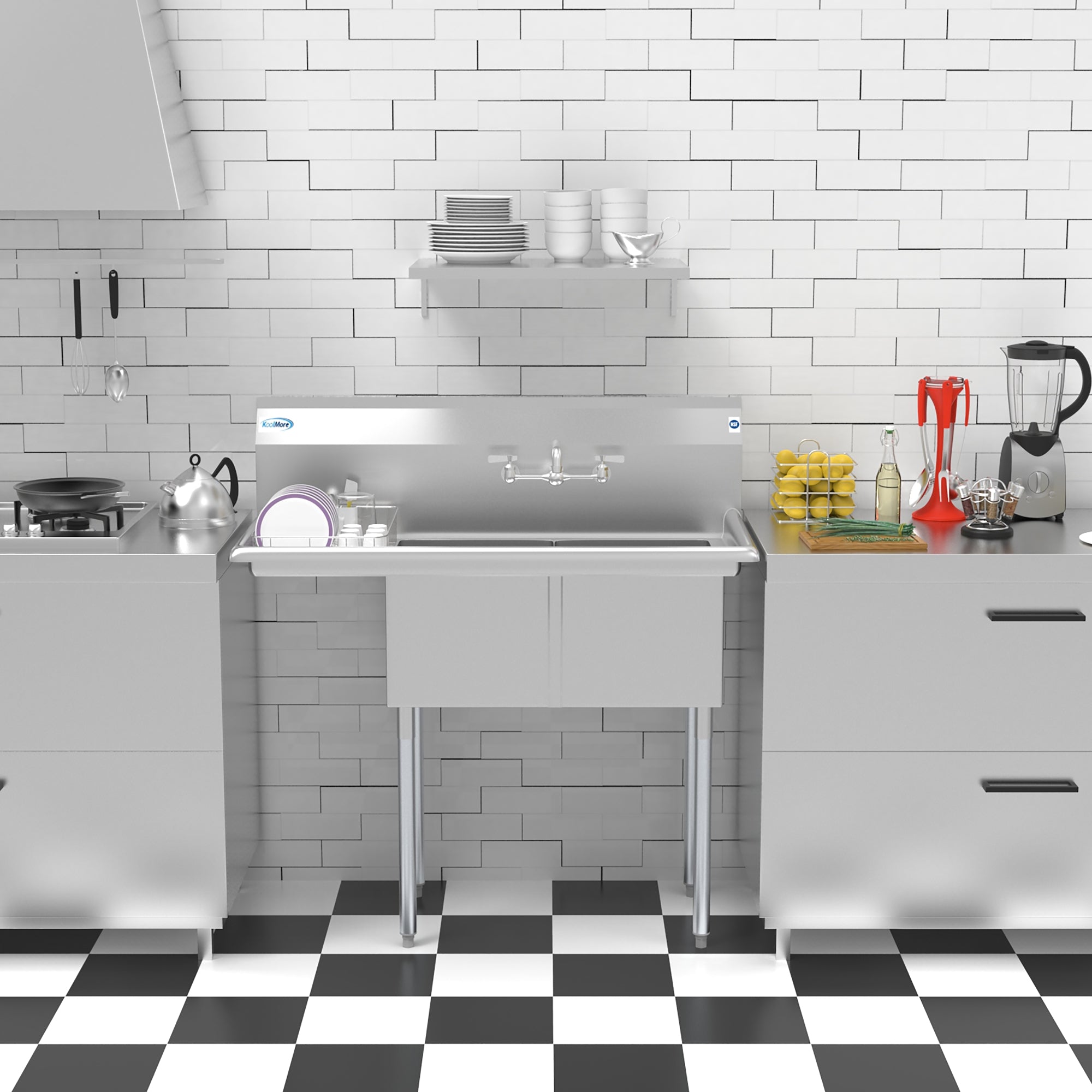 43 in. Two Compartment Stainless Steel Commercial Sink with Drainboard, Bowl Size 14"x 16"x 11"