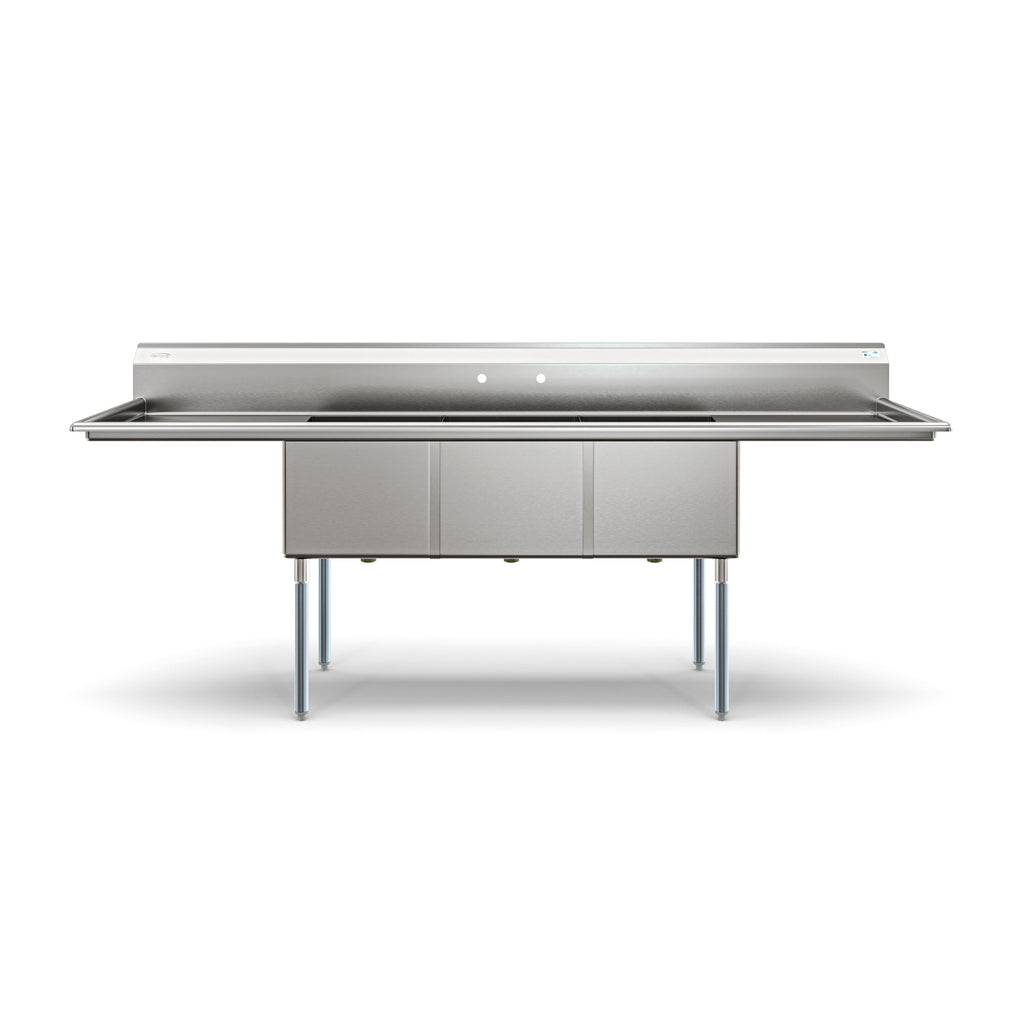 102 in. Three Compartment Commercial Sink Bowl Size 18x24x14 Stainless-Steel 18 Gauge with Two Drainboards