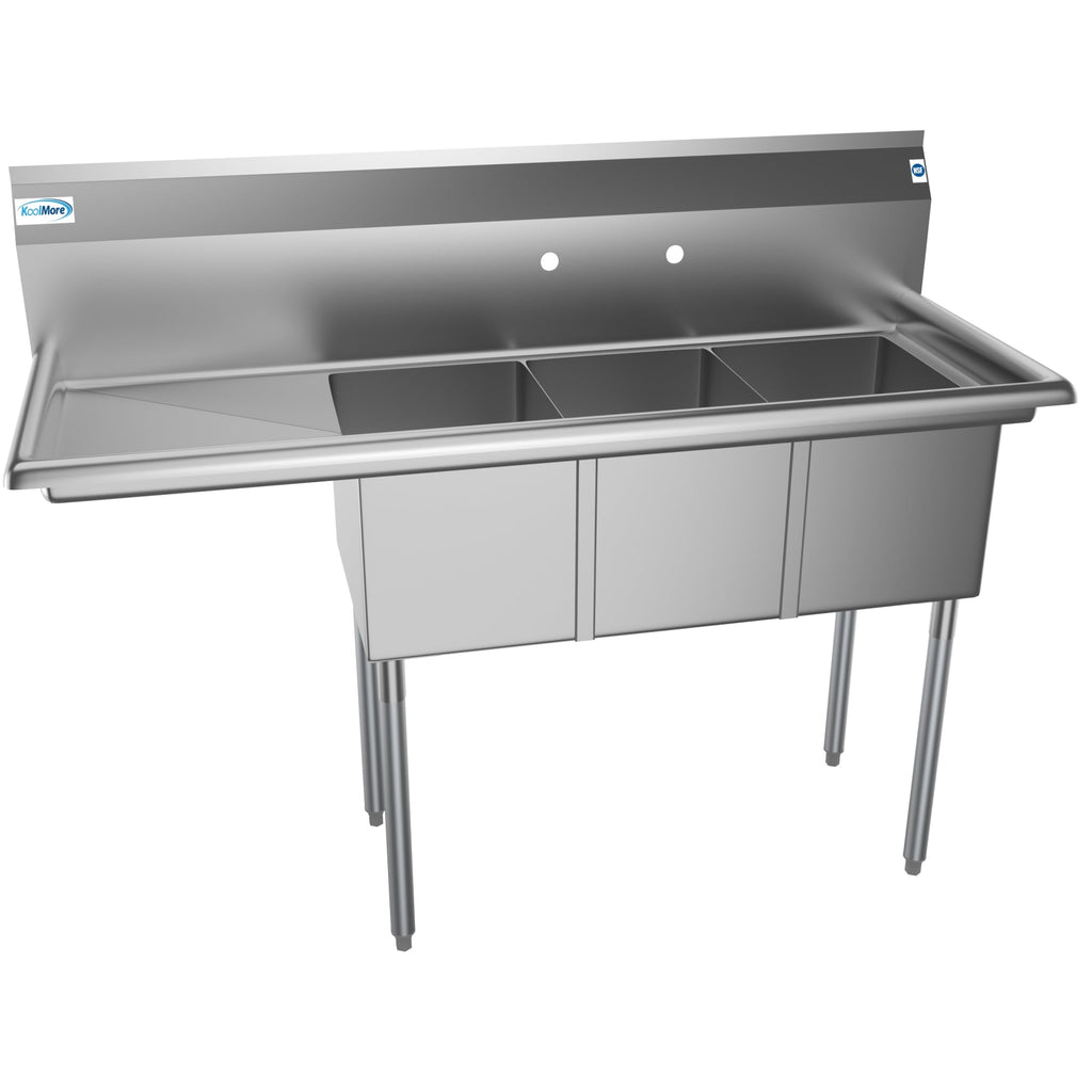 55 in. Three Compartment Stainless Steel Commercial Sink with Drainboard, Bowl Size 12"x 16"x 10"