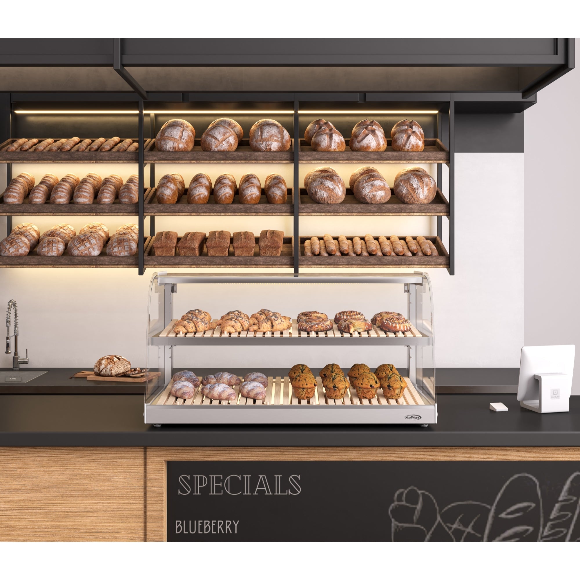 40 in. Glass Countertop Dry Bakery Display Case with Two Shelves and Bamboo Trays