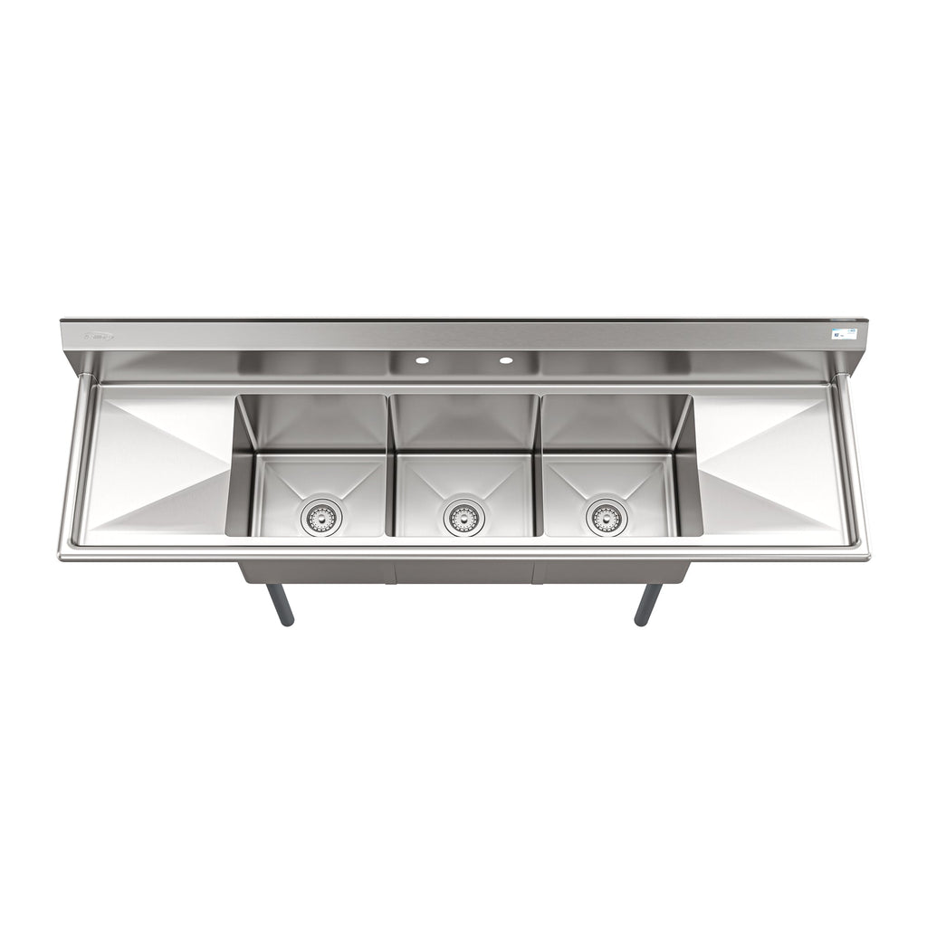 75 in Three Compartment Commercial Sink, Bowl Size 15x15x14, 18 Gauge Stainless-Steel with 2 Drainboards