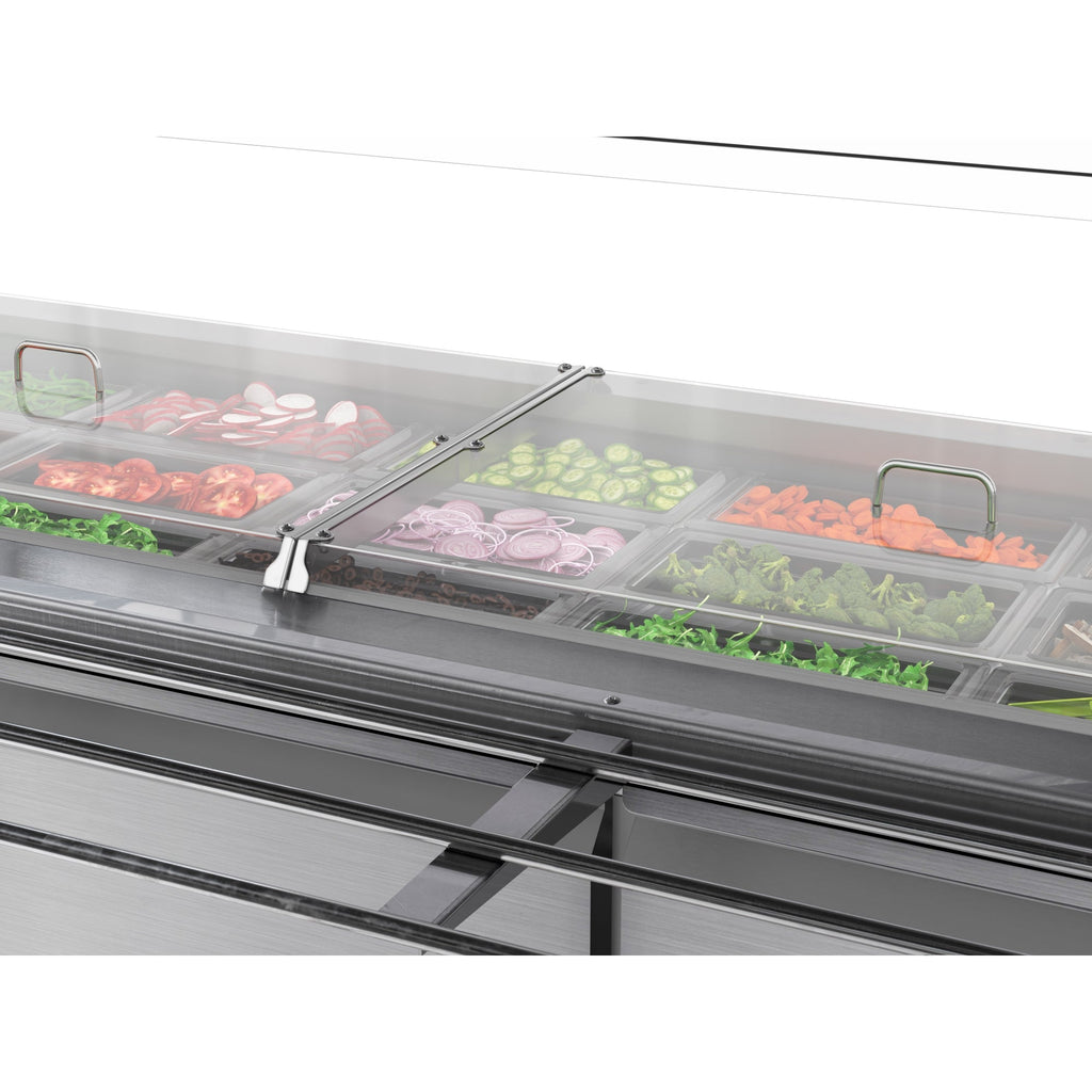 72 in. Commercial Refrigerated Prep Station with Sneeze Guard and Buffet Slide, 15-Pan (Not Included) Capacity and Three Adjustable Shelves in Stainless-Steel, ETL Listed