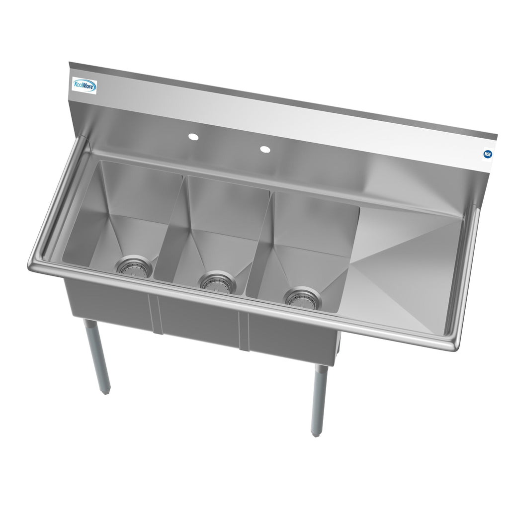 45 in. Three Compartment Stainless Steel Commercial Sink with Drainboard, Bowl Size 10"x 14"x 10"