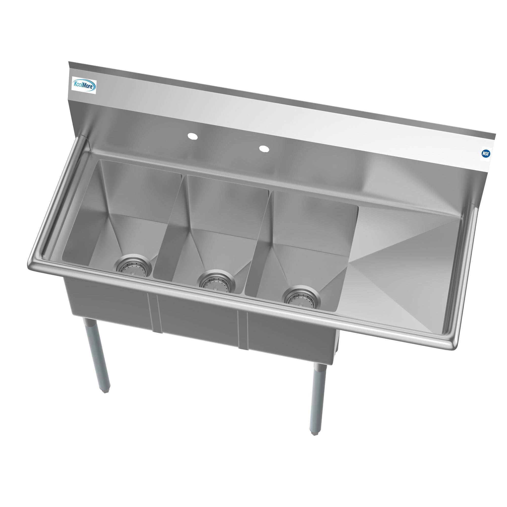 45 in. Three Compartment Stainless Steel Commercial Sink with Drainboard, Bowl Size 10"x 14"x 10"