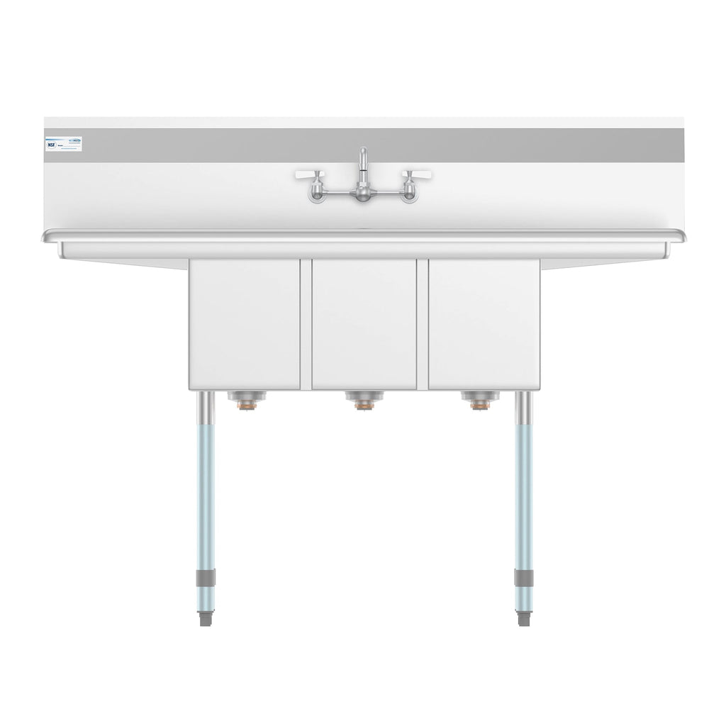 54 in. Three Compartment Stainless Steel Commercial Sink with Faucet and Drainboards, Bowl Size 10"x 10"x 14" SC101410-12B3FA .