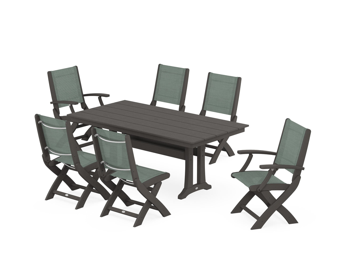 Coastal Folding Chair 7-Piece Farmhouse Dining Set with Trestle Legs