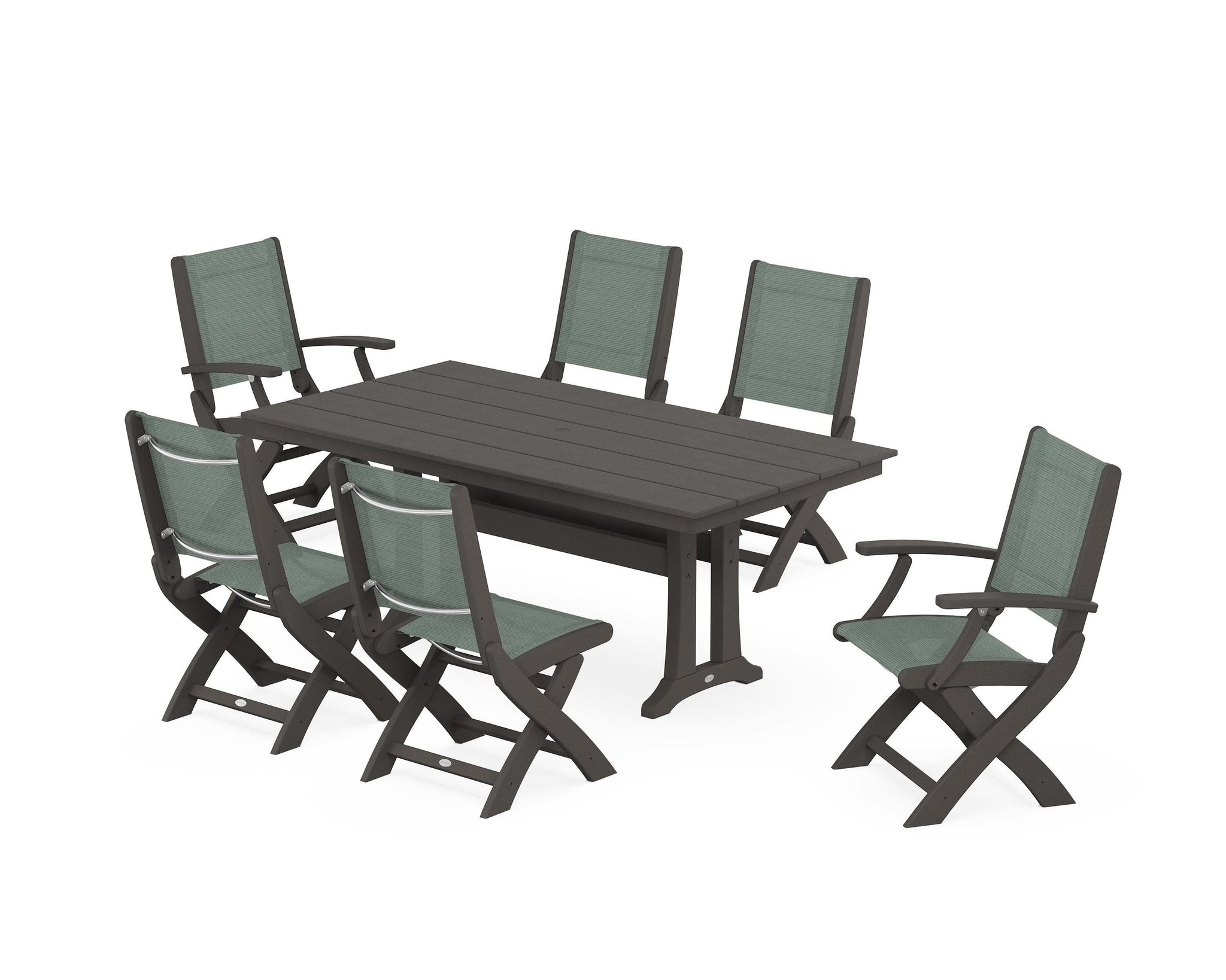Coastal Folding Chair 7-Piece Farmhouse Dining Set with Trestle Legs