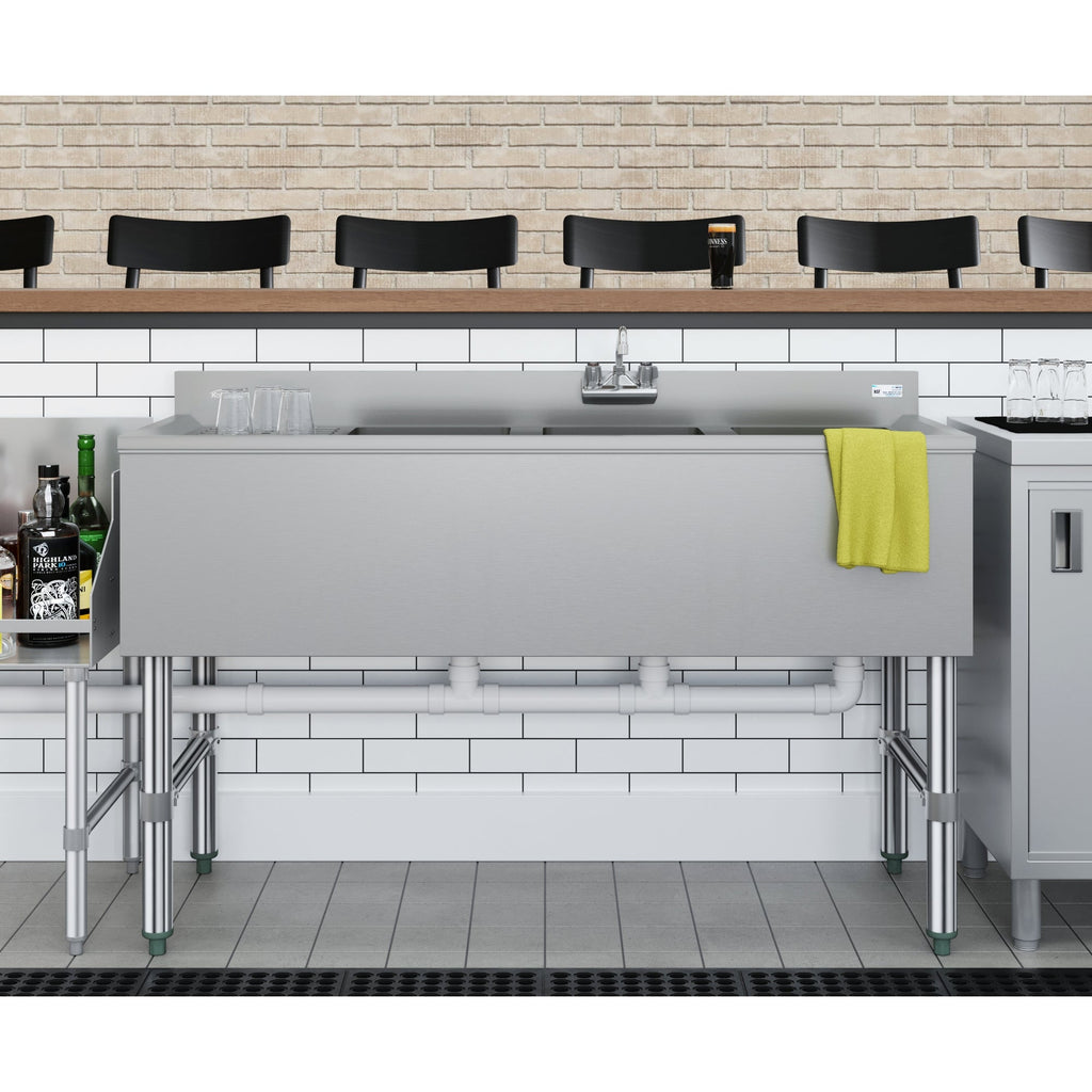 48 in. Three-Compartment Commercial Under-Bar Sink with 3 in. Backsplash, Left Drainboard and Low Lead Faucet, NSF Certified in Stainless Steel