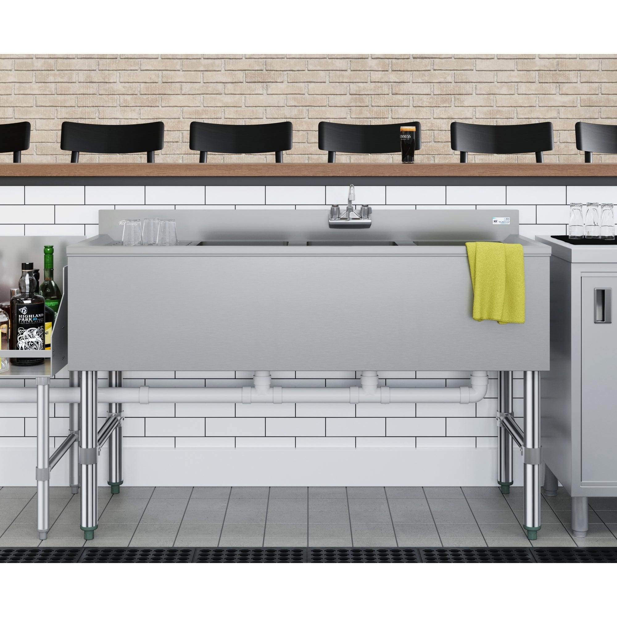 48 in. Three-Compartment Commercial Under-Bar Sink with 3 in. Backsplash, Left Drainboard and Low Lead Faucet, NSF Certified in Stainless Steel