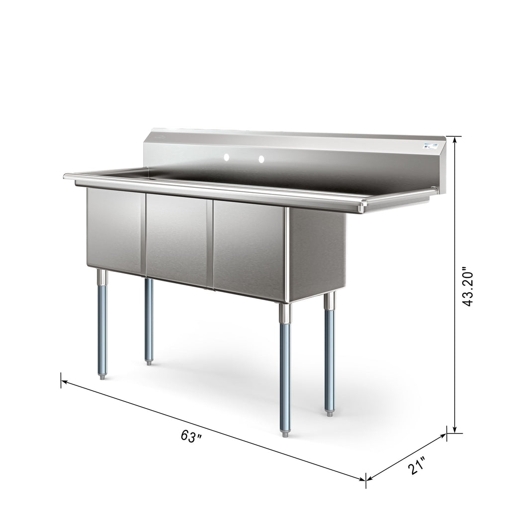 63 in. Three Compartment Commercial Sink, Bowl Size 15x15x14, Stainless-Steel 16 Gauge with Right Drainboard