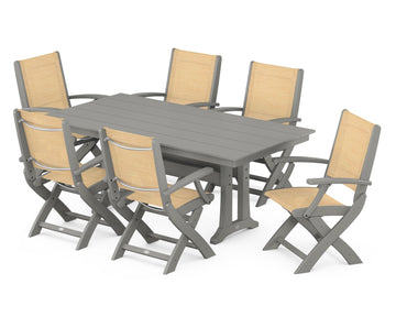 Coastal Folding Arm Chair 7-Piece Farmhouse Dining Set with Trestle Legs