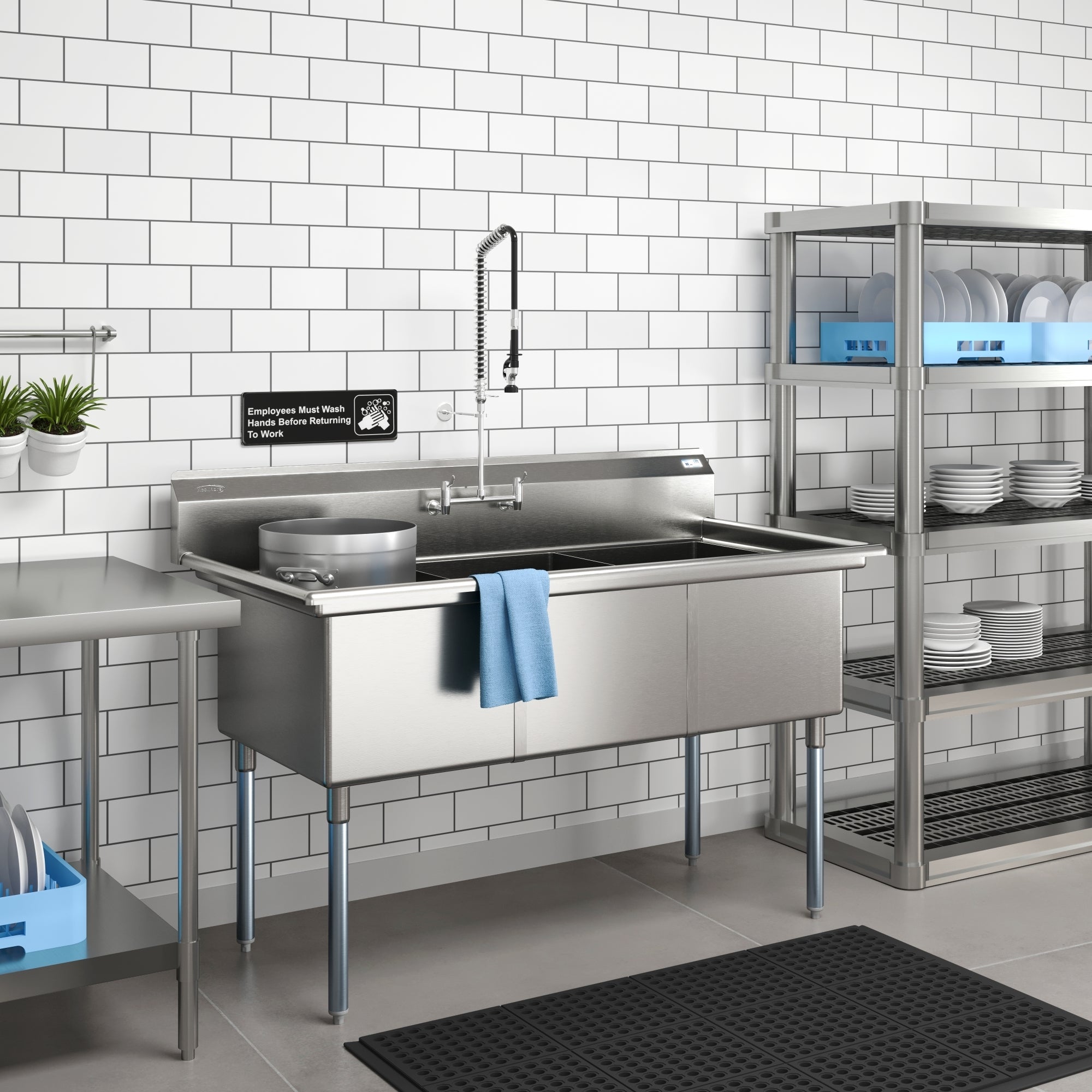 60 in. Three Compartment Commercial Sink, Bowl Size 18x24x14 in 18-Gauge Stainless-Steel