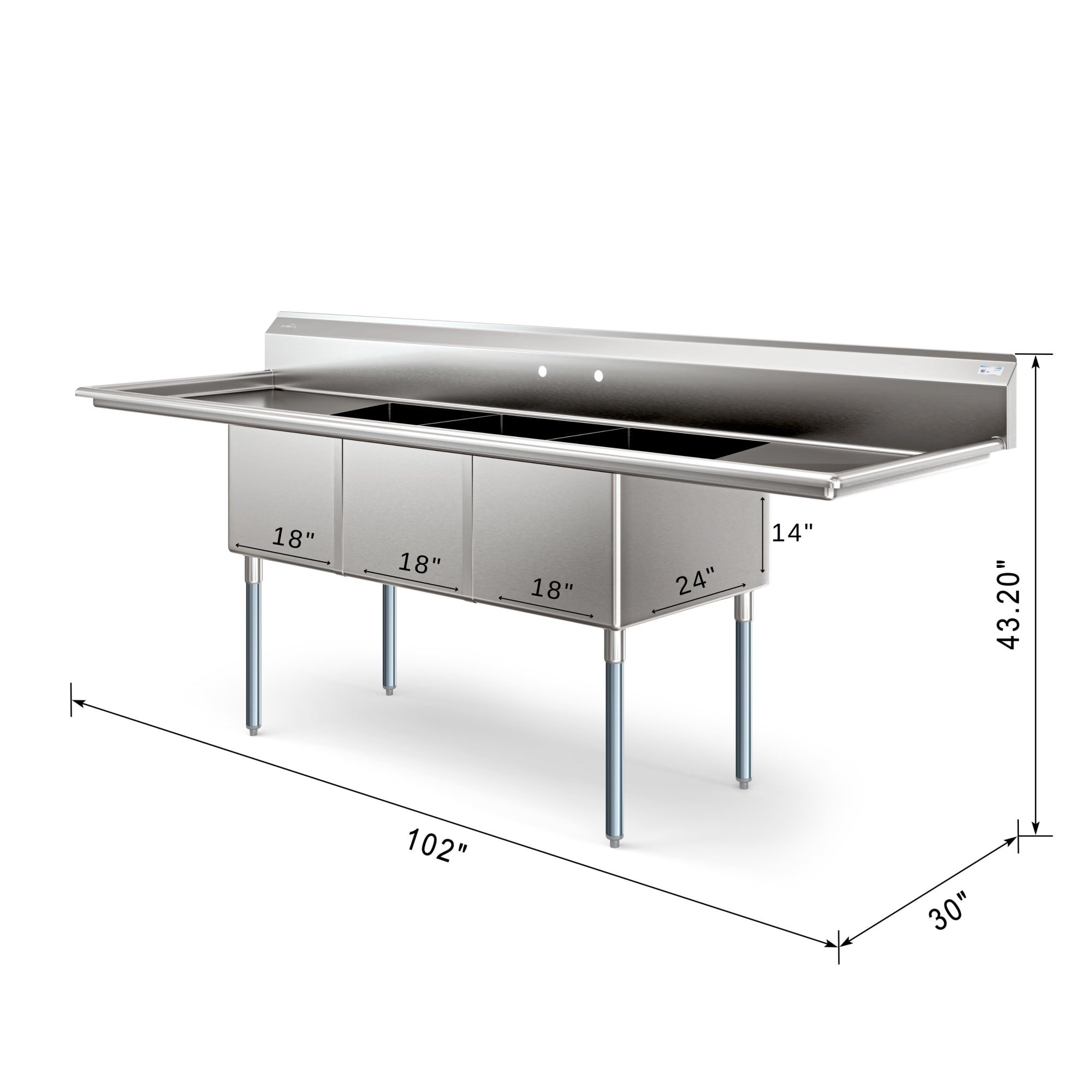 102 in. Three Compartment Commercial Sink Bowl Size 18x24x14 Stainless-Steel 18 Gauge with Two Drainboards