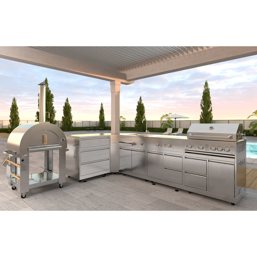KoolMore Outdoor Kitchen Series Modular Kitchen with a Dual Fuel Pizza Oven, 3 Drawer Cabinet, Corner Cabinet, Sink, Side Buner, 30 in. BBQ Grill and Cabinet in Stainless-Steel